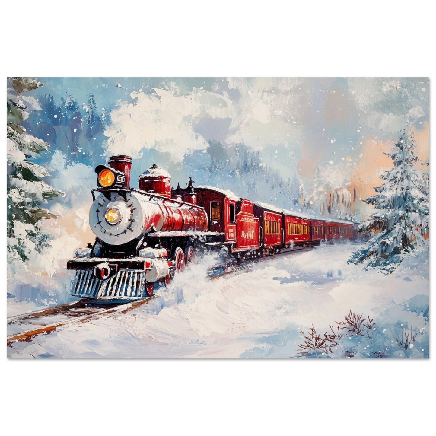 Tableau photo Train rouge à vapeur dans la neige — image IA — tirage aluminium Dibond mat, fabrication française, prêt à accrocher