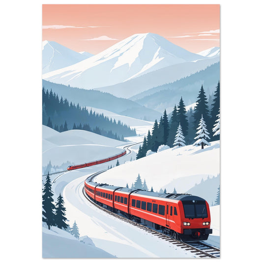 Tableau photo Trains rouges dans les Alpes — image IA — tirage aluminium Dibond mat, fabrication française, prêt à accrocher
