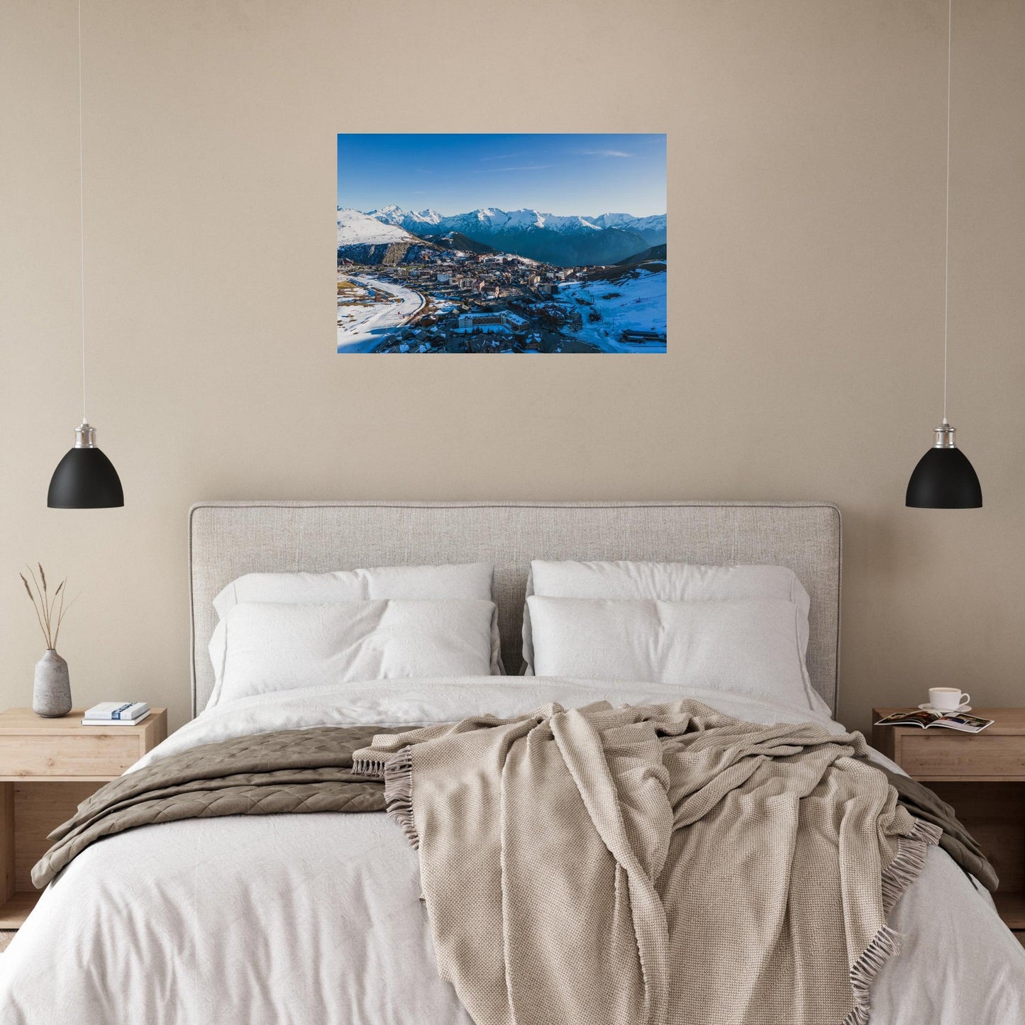 Aerial photo of snow-covered Alpe d'Huez in the Grandes Rousses mountains — photo print on matte aluminium Dibond