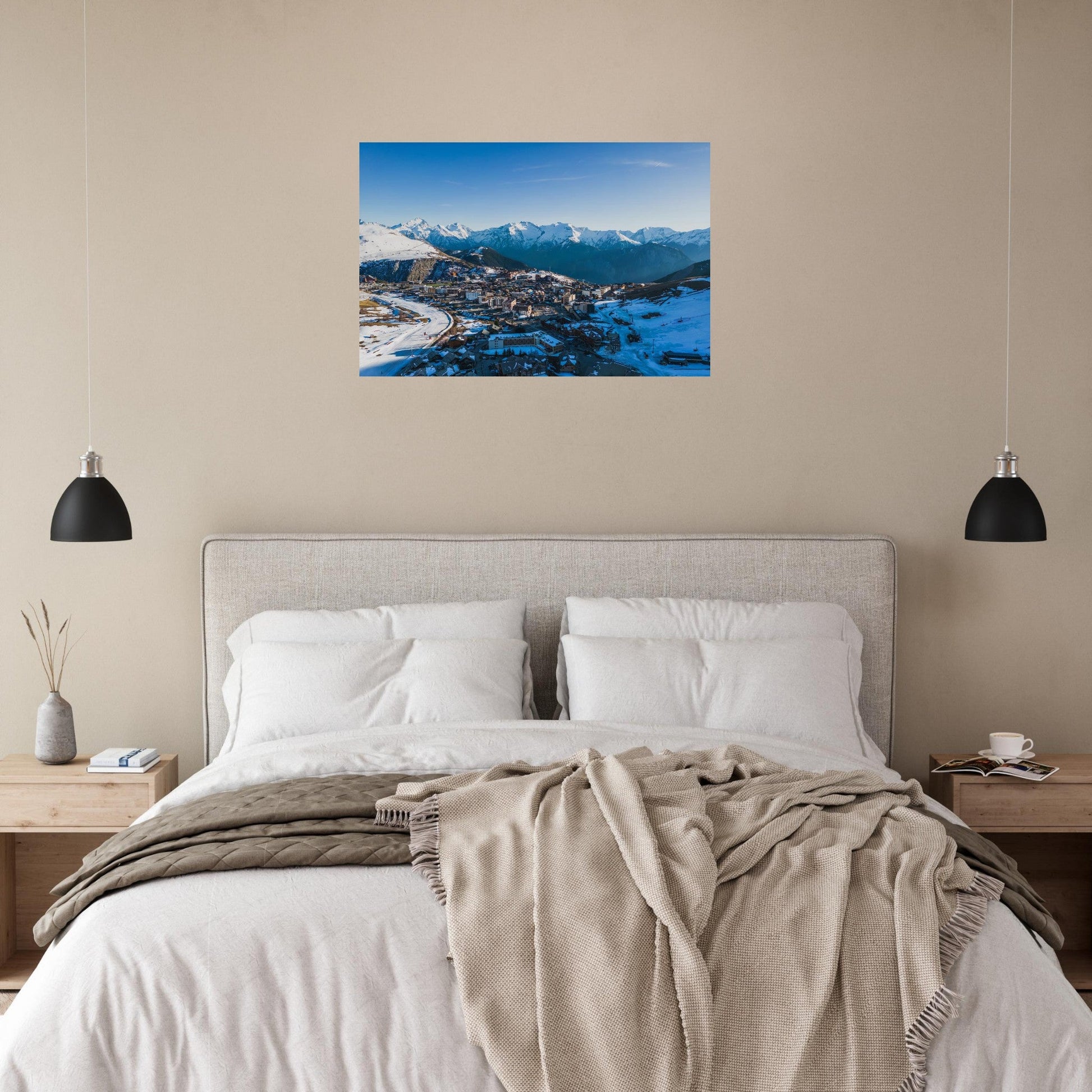 Photo aérienne de l’Alpe d’Huez enneigée dans les Grandes Rousses — tableau photo paysage de montagne en Alu Dibond