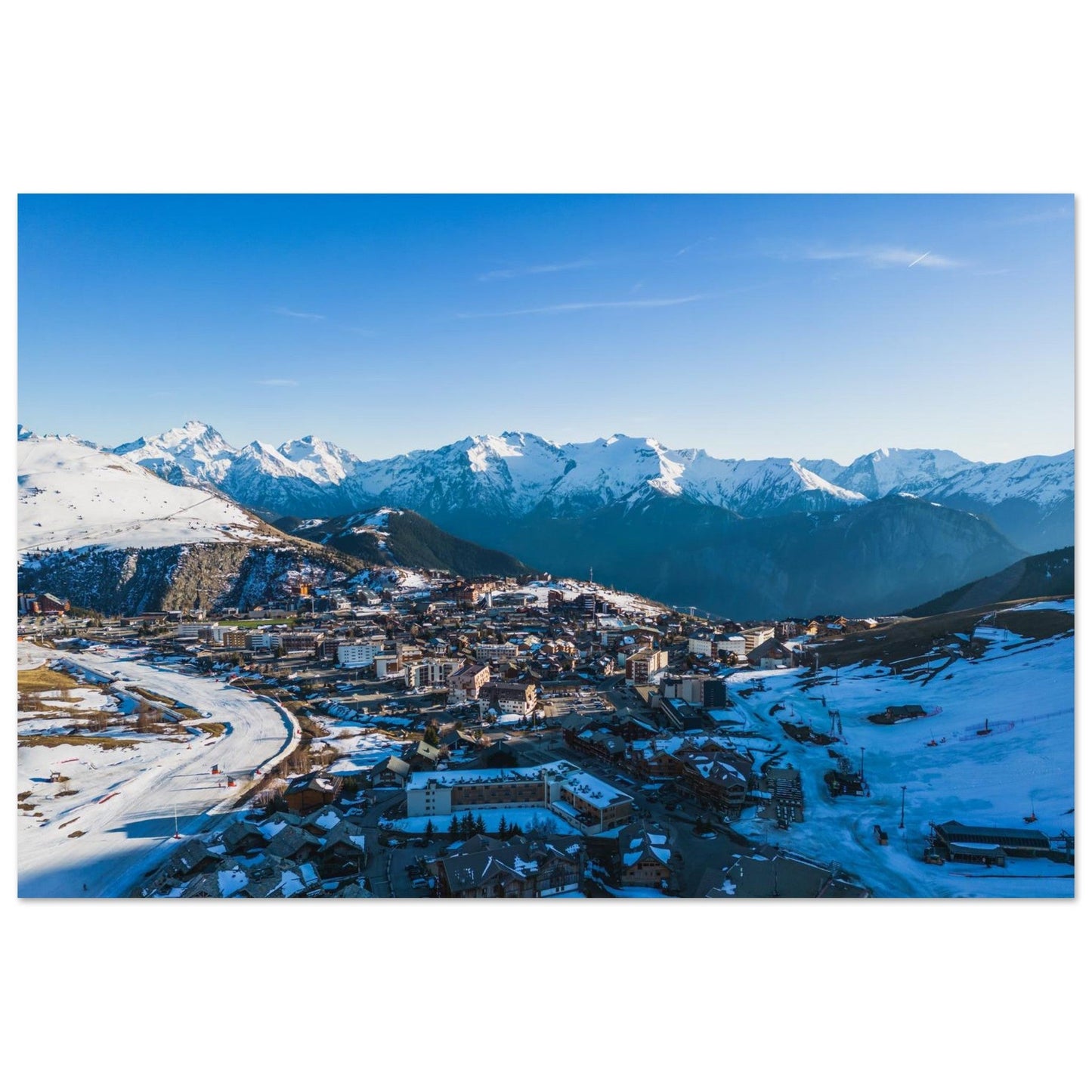 Aerial photo of snow-covered Alpe d'Huez in the Grandes Rousses mountains — photo print on matte aluminium Dibond