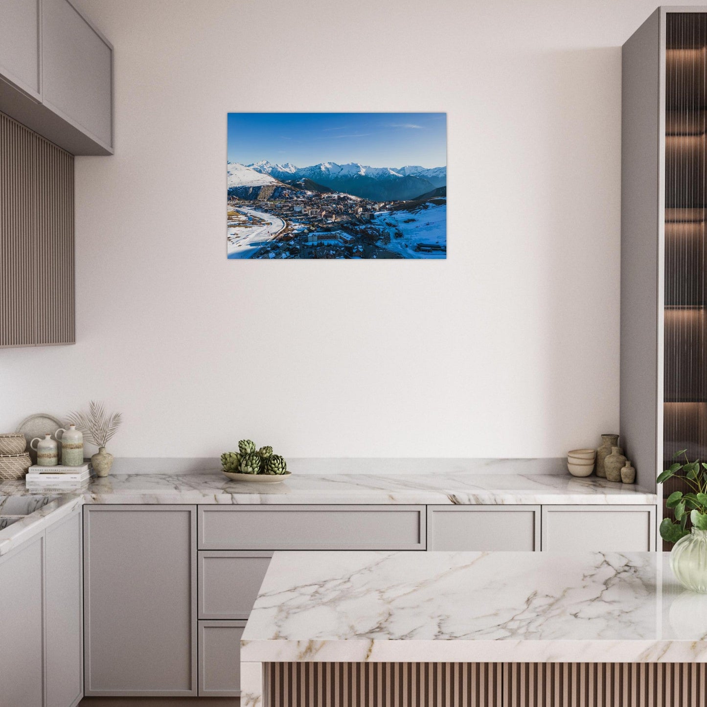 Aerial photo of snow-covered Alpe d'Huez in the Grandes Rousses mountains — photo print on matte aluminium Dibond