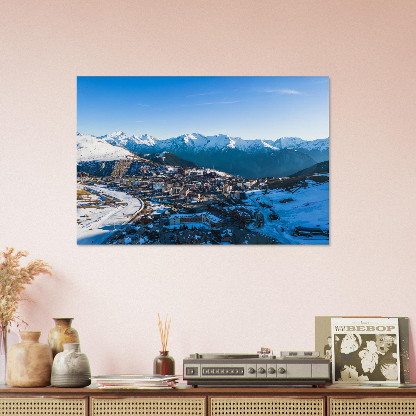 Aerial photo of snow-covered Alpe d'Huez in the Grandes Rousses mountains — photo print on matte aluminium Dibond
