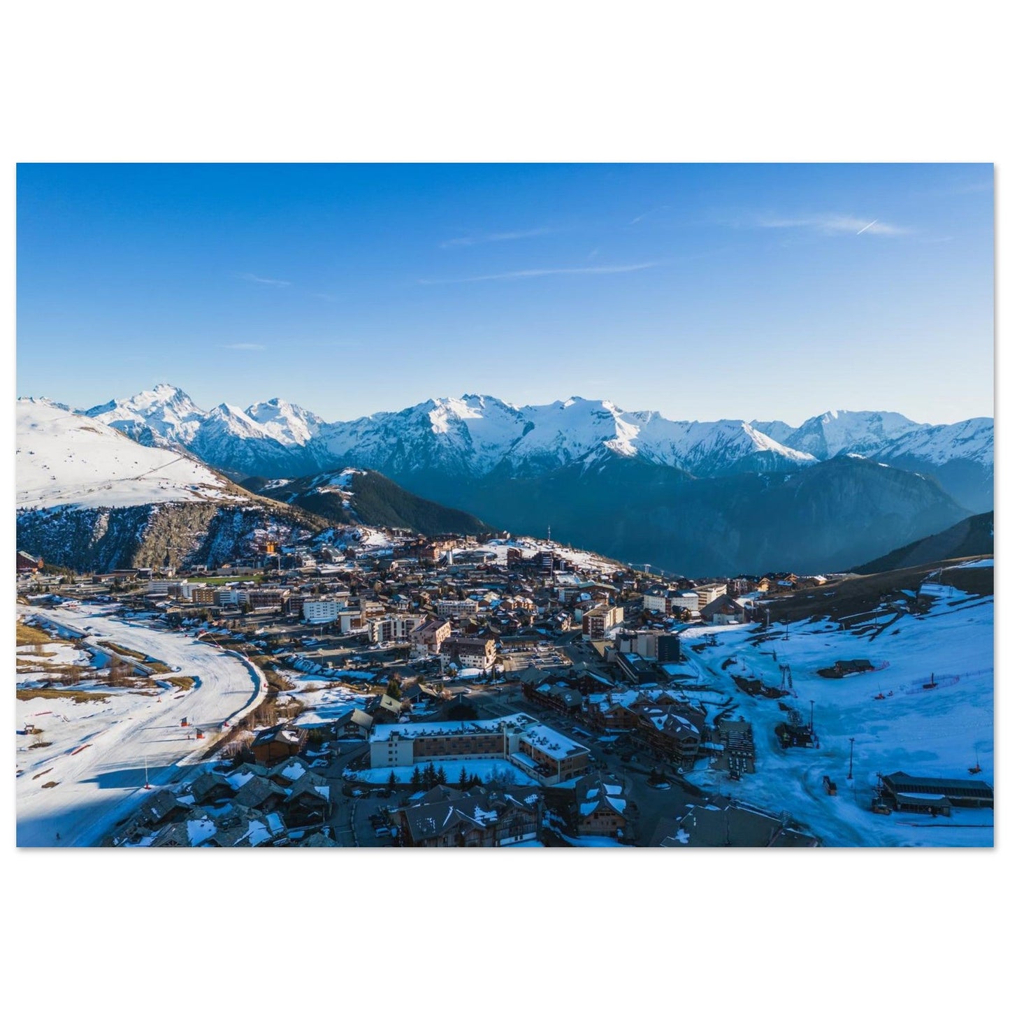 Aerial photo of snow-covered Alpe d'Huez in the Grandes Rousses mountains — photo print on matte aluminium Dibond