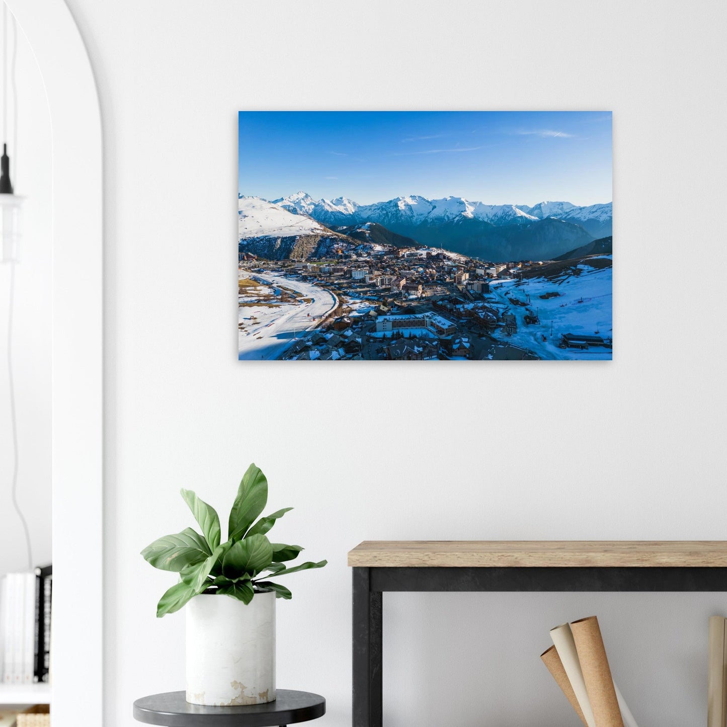 Aerial photo of snow-covered Alpe d'Huez in the Grandes Rousses mountains — photo print on matte aluminium Dibond