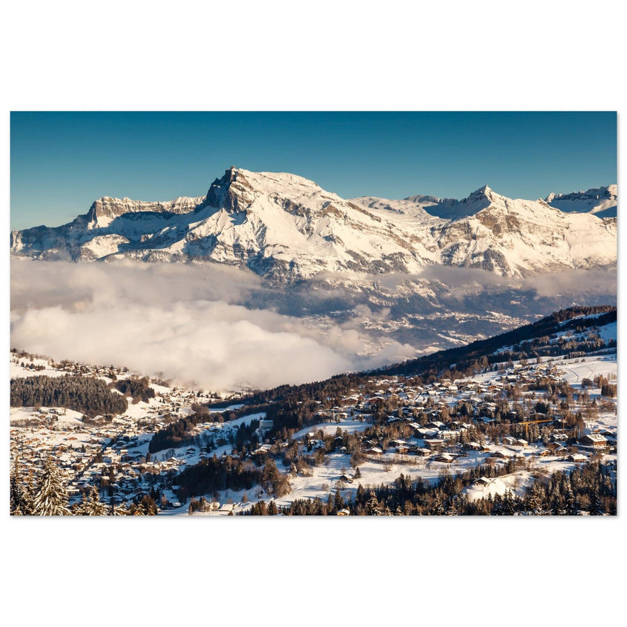 Photo aérienne de Megève face à l’Aiguille de Varan — tableau photo paysage de montagne en Alu Dibond, fabrication française