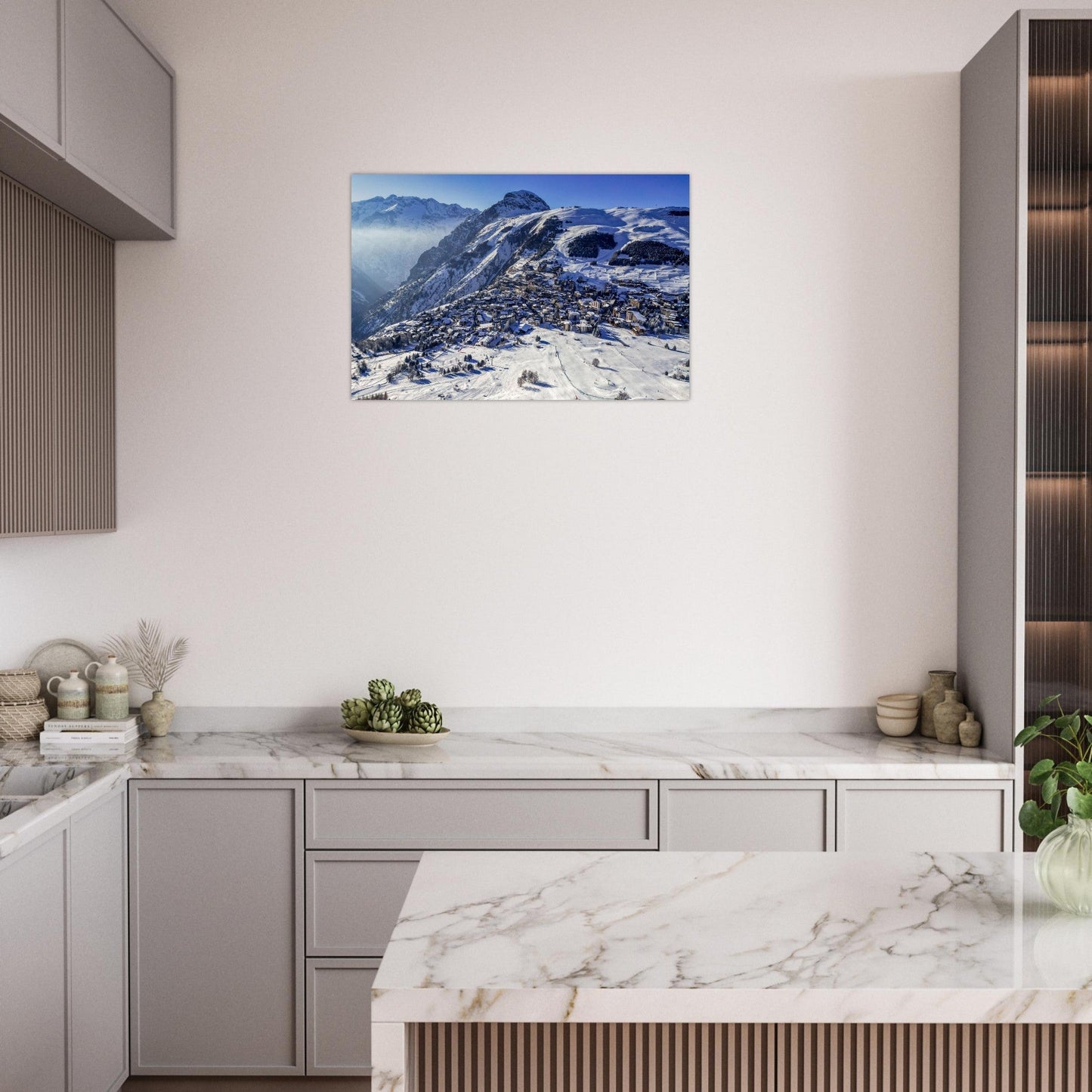 Photo aérienne des Deux Alpes sous la neige — tableau photo paysage de montagne en Alu Dibond, imprimé à la commande en France