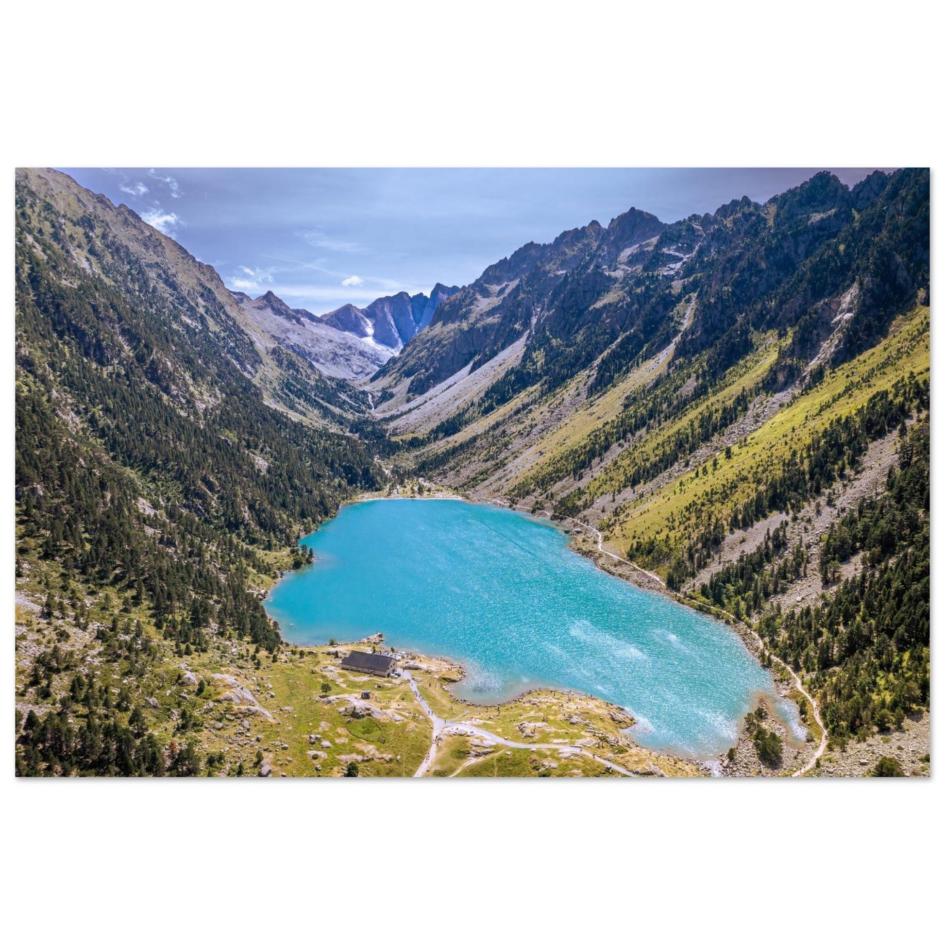 Photo aérienne du lac de Gaube à Cauterets — tableau photo paysage de montagne en Alu Dibond, fabrication française