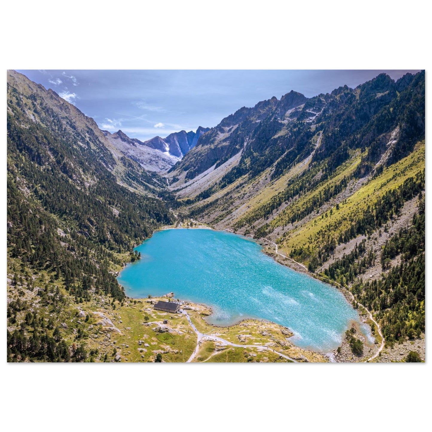 Photo aérienne du lac de Gaube à Cauterets — tableau photo paysage de montagne en Alu Dibond, fabrication française