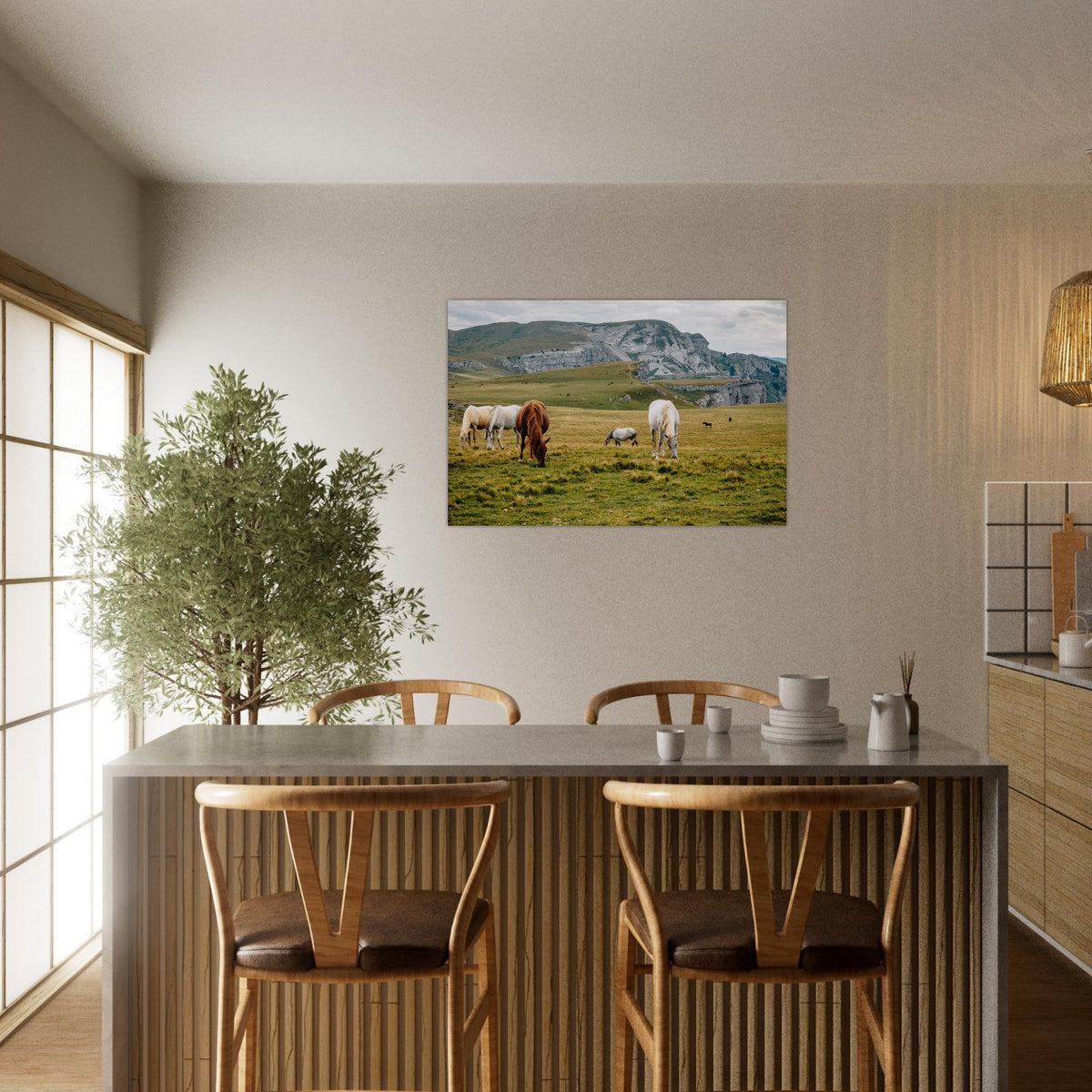 Photo de chevaux dans les alpages de Font d’Urle — Fotodruck auf mattem Alu-Dibond