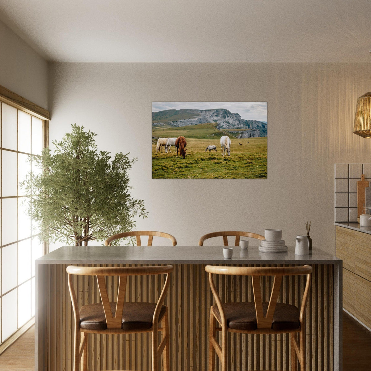 Tableau photo de chevaux dans les alpages de Font d’Urle sur aluminium Dibond mat — photographie : Pernelle Voyage