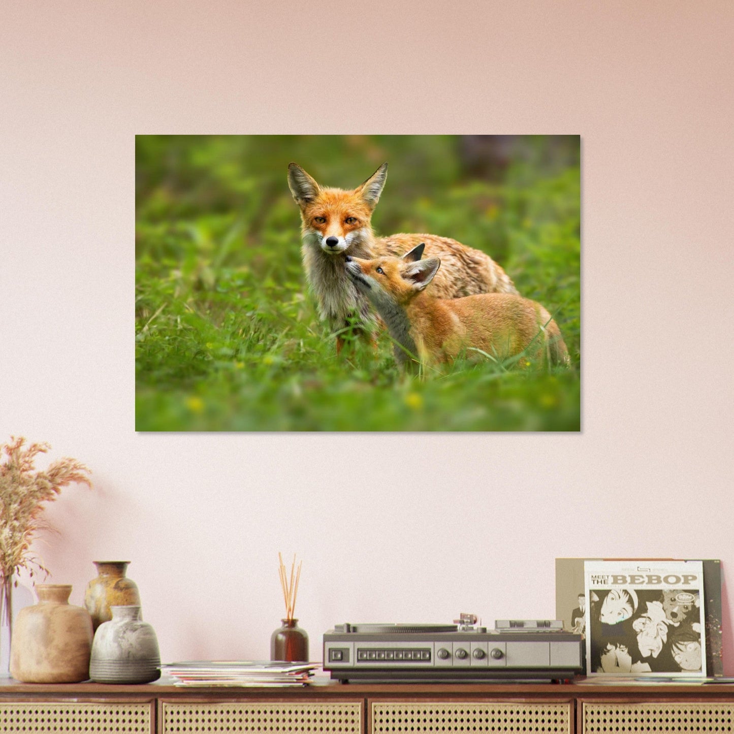 Photo de deux renards roux dans un moment de tendresse — tableau photo paysage de montagne en Alu Dibond, fabrication française