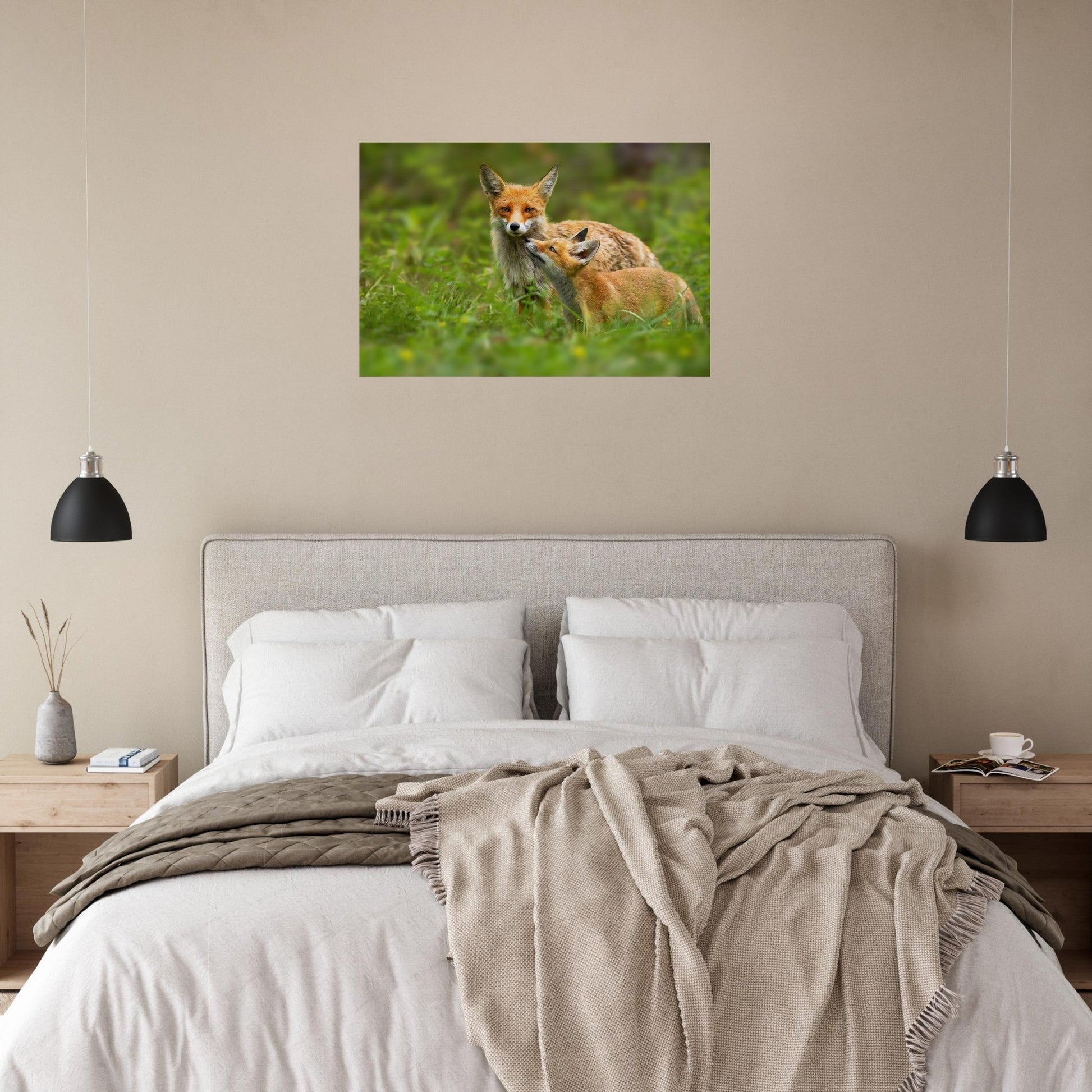 Photo de deux renards roux dans un moment de tendresse — tableau photo paysage de montagne en Alu Dibond, fabrication française