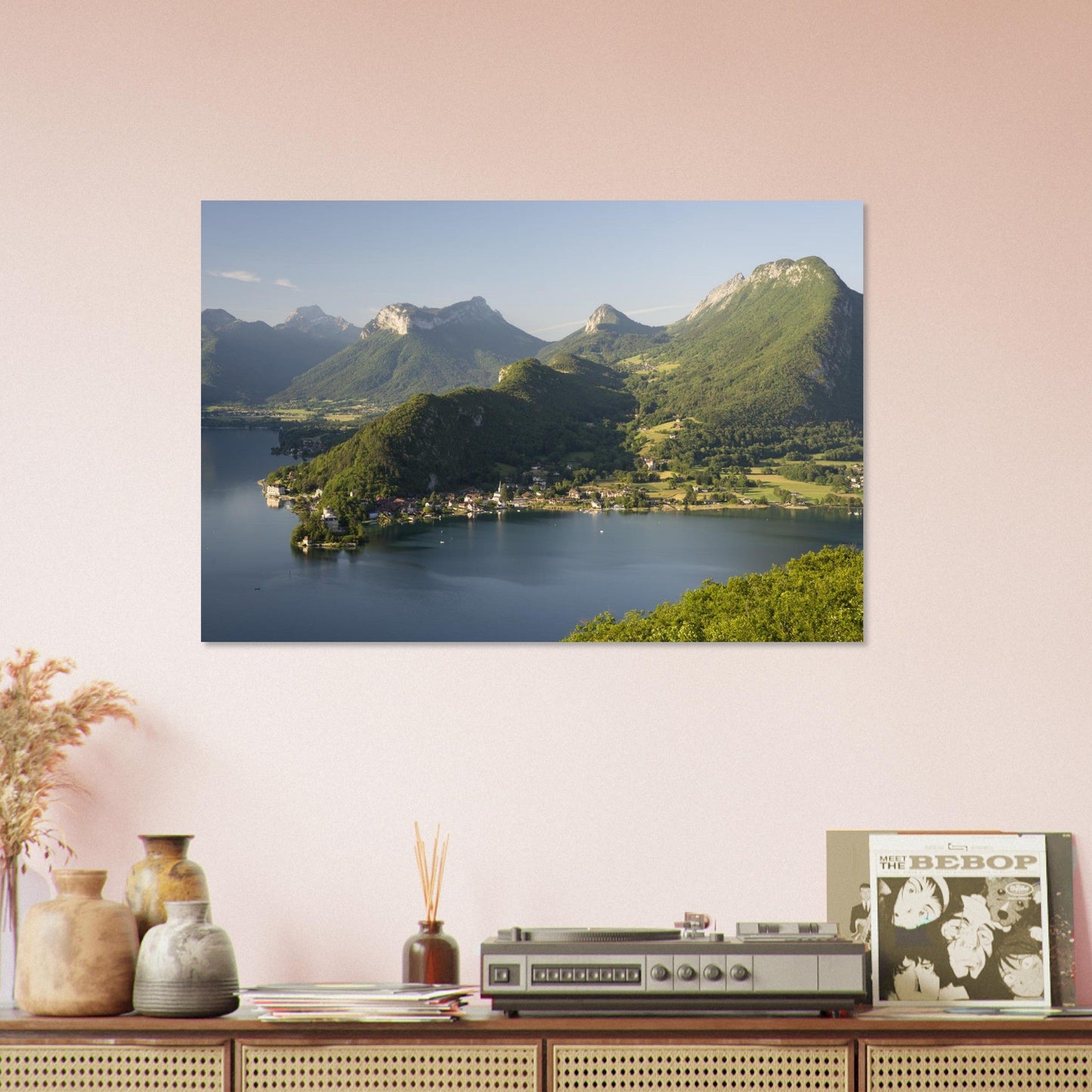 Photo de Duingt et du lac d’Annecy depuis le col de la Forclaz — tableau photo paysage de montagne en Alu Dibond, fabrication française