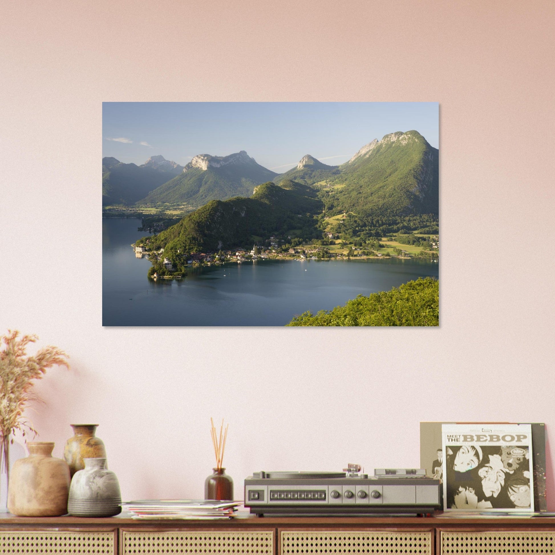 Photo de Duingt et du lac d’Annecy depuis le col de la Forclaz — tableau photo paysage de montagne en Alu Dibond, fabrication française