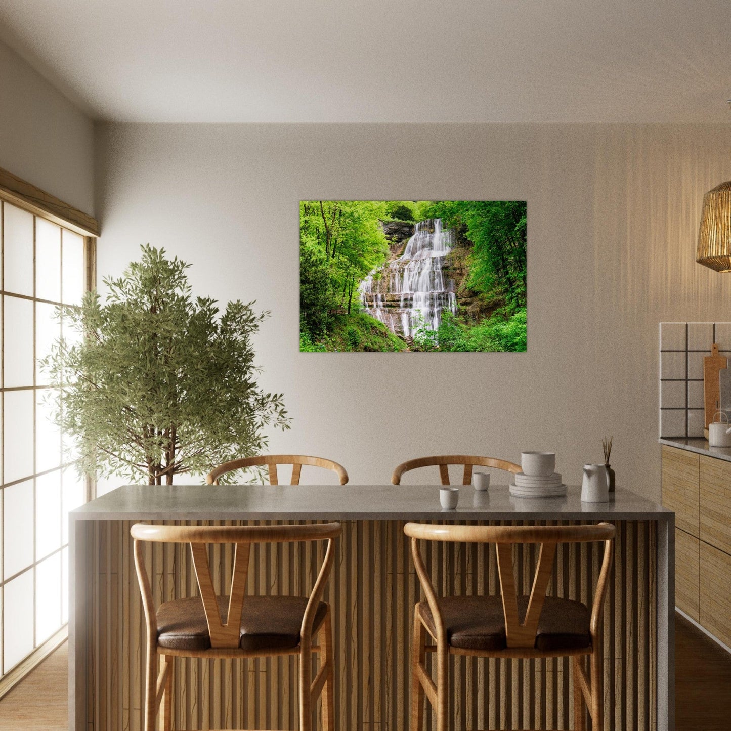 Tableau photo de la cascade de l’Éventail dans le Jura accroché sur un mur clair