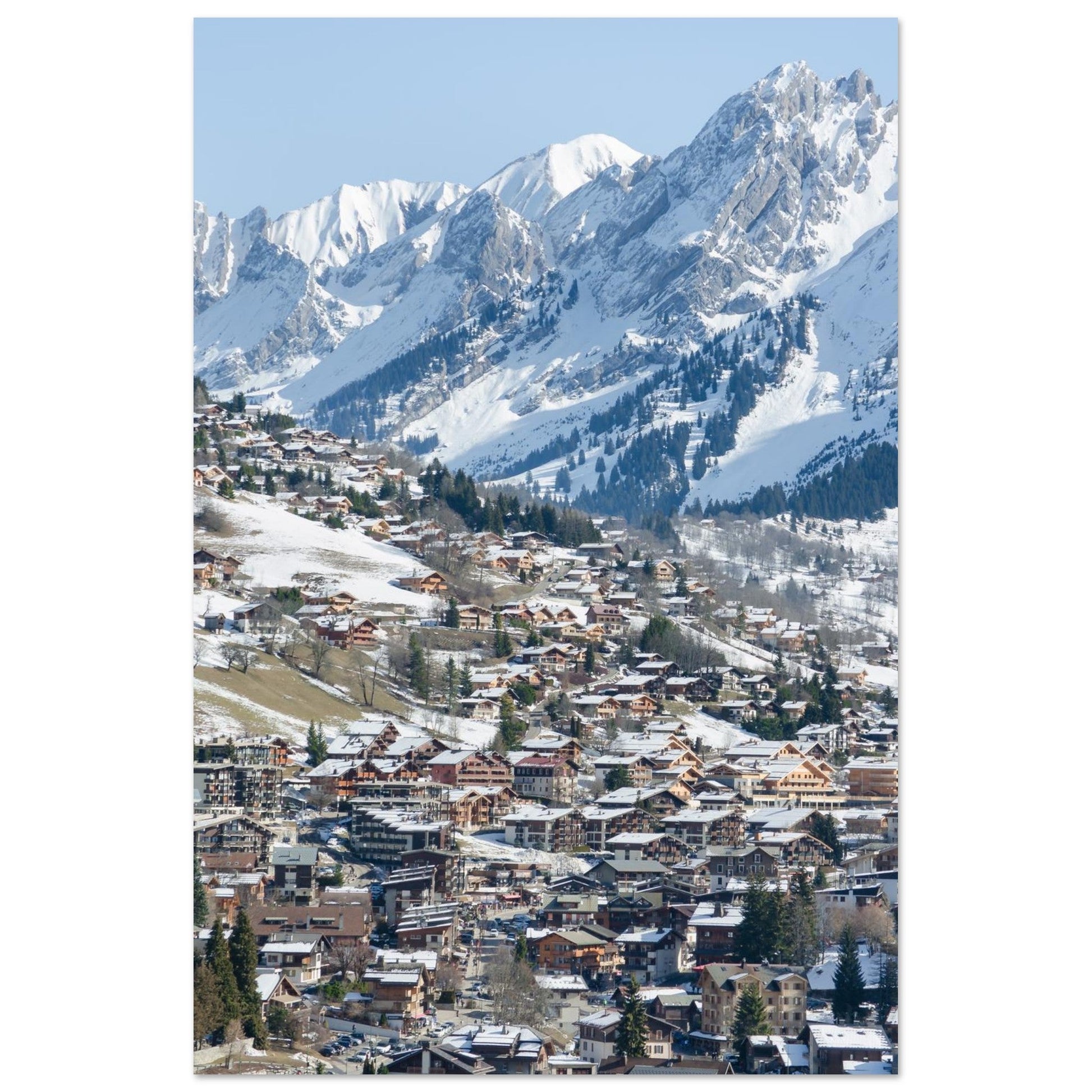 Tableau photo de La Clusaz en hiver face aux Aravis sur aluminium Dibond mat, format 60 × 90 cm