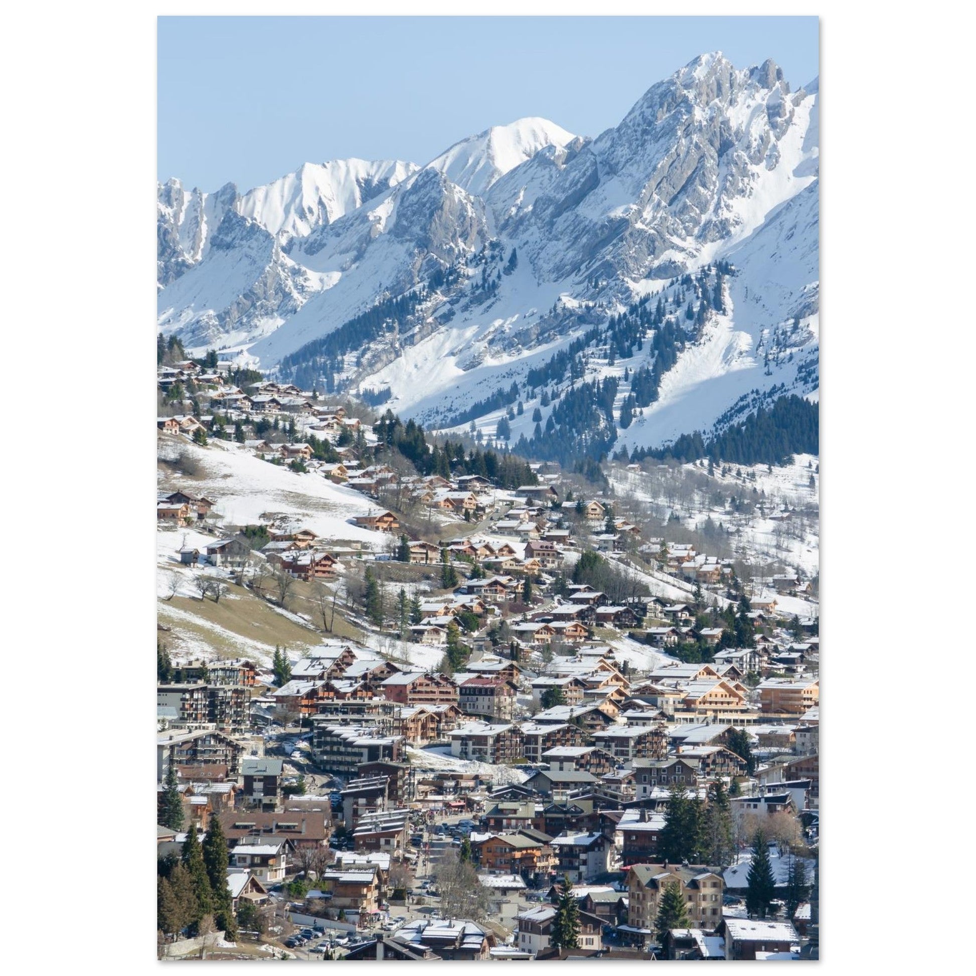 Tableau photo de La Clusaz en hiver face aux Aravis sur aluminium Dibond mat, format 70 × 100 cm