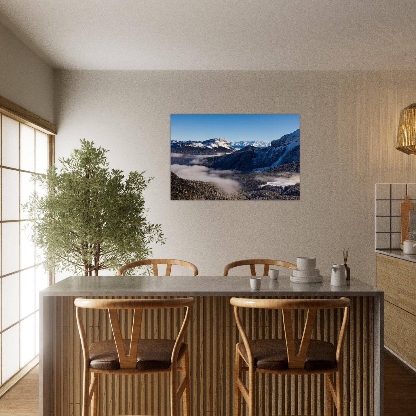 Tableau photo de la Dent de Crolles et Belledonne depuis le Charmant Som sur aluminium Dibond mat, exposé dans une chambre