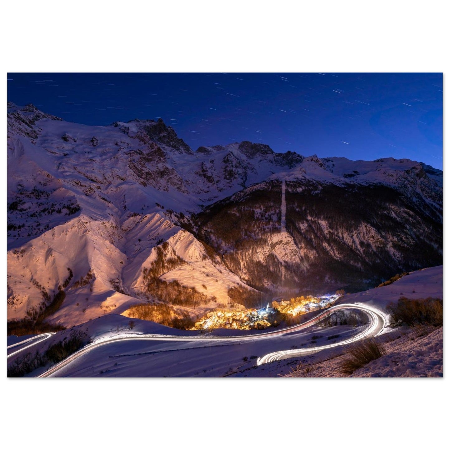Photo de La Grave au crépuscule face à la Meije — tableau photo paysage de montagne en Alu Dibond, fabrication française