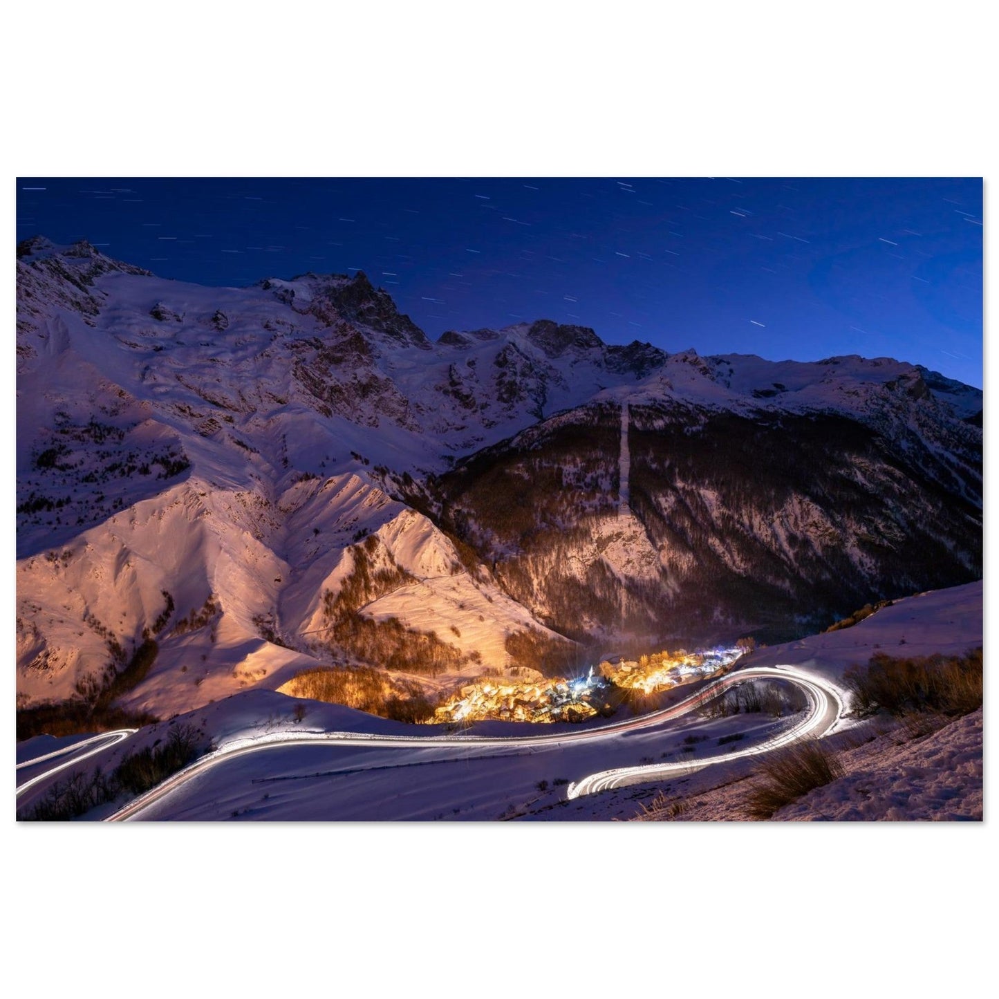 Photo de La Grave au crépuscule face à la Meije — tableau photo paysage de montagne en Alu Dibond, fabrication française