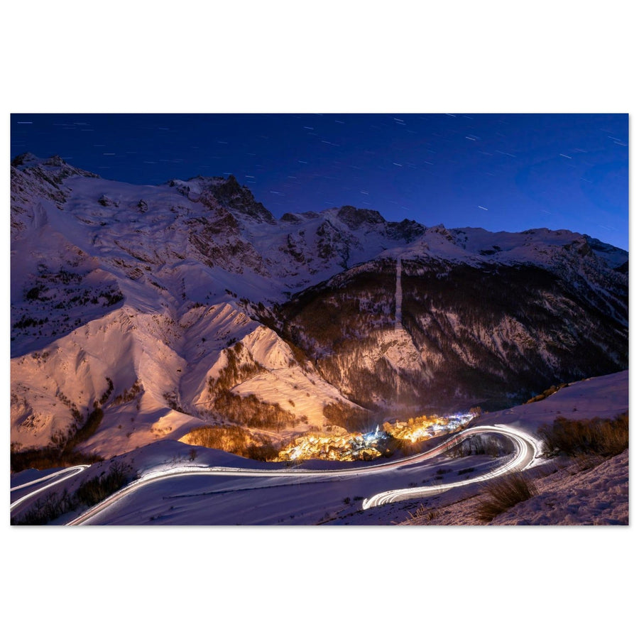 Photo de La Grave au crépuscule face à la Meije — tableau photo paysage de montagne en Alu Dibond, fabrication française