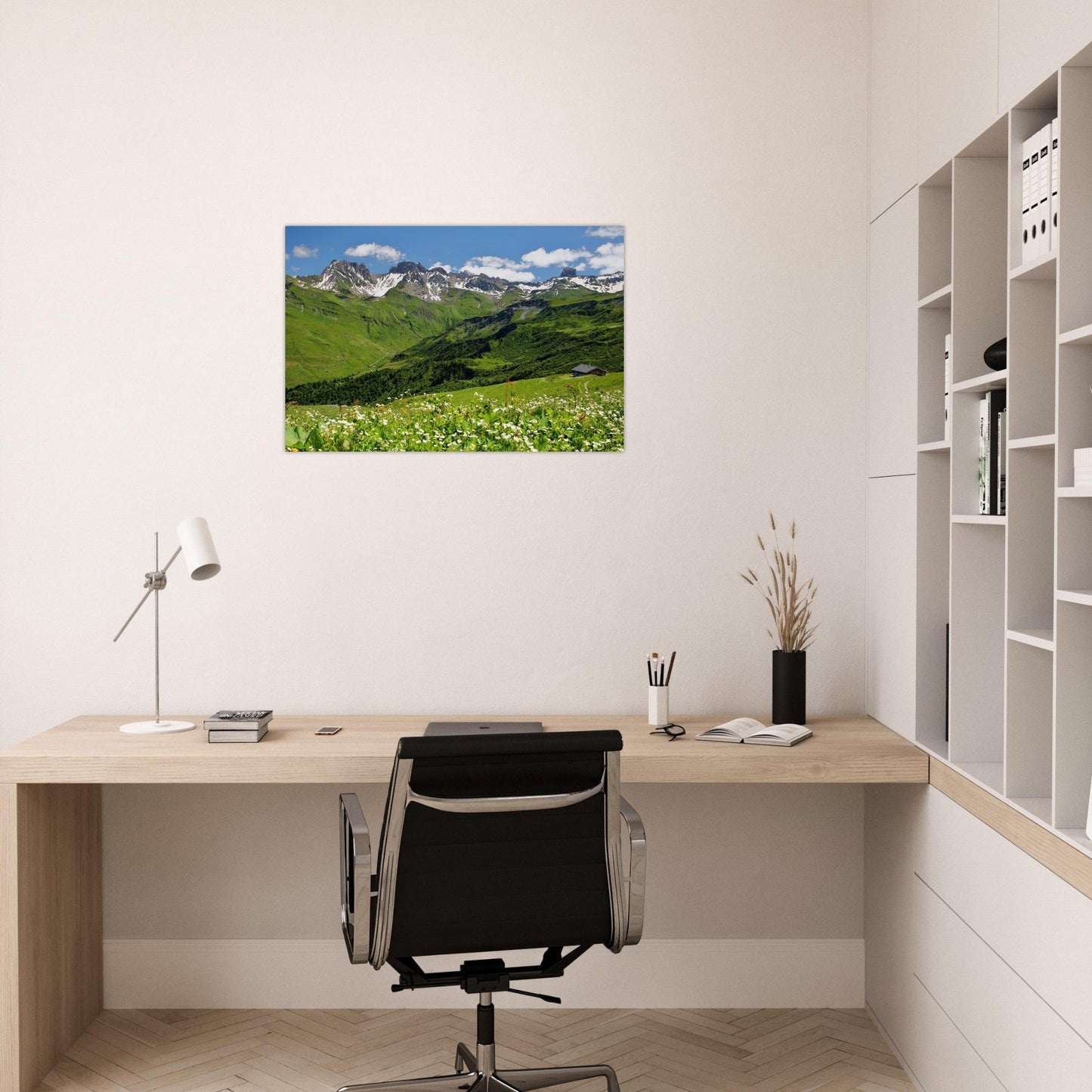 Tableau photo de la Vallée de Roselend dans le Beaufortain, Savoie sur aluminium Dibond mat, exposé dans une chambre