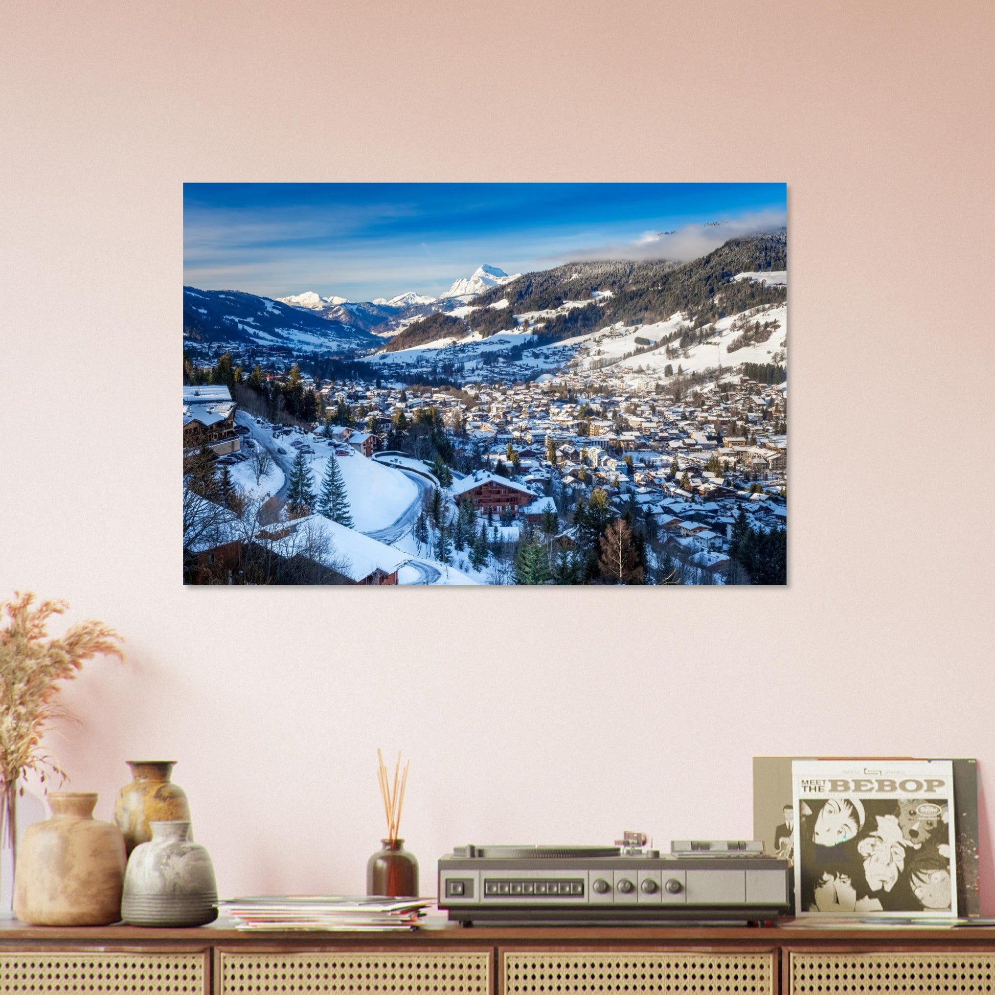 Photo de Megève sous la neige, panorama hivernal — tableau photo paysage de montagne en Alu Dibond