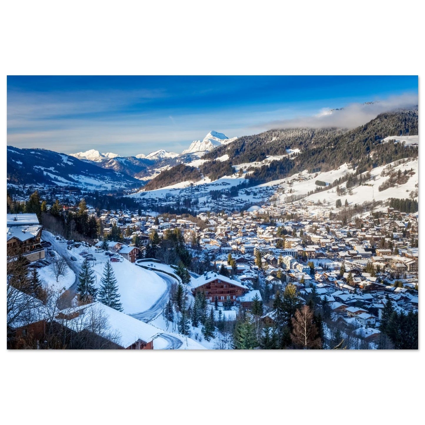 Photo of Megève under snow, winter panorama — photo print on matte aluminium Dibond