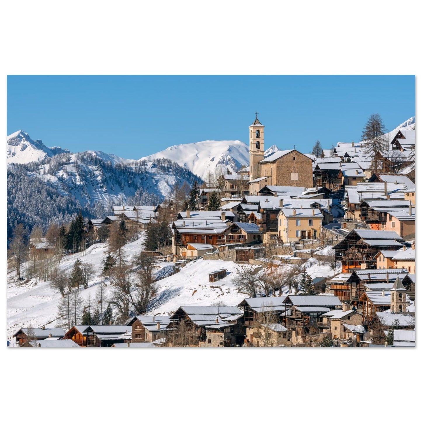 Photo de Saint-Véran sous la neige dans le Queyras — tableau photo paysage de montagne en Alu Dibond, fabrication française