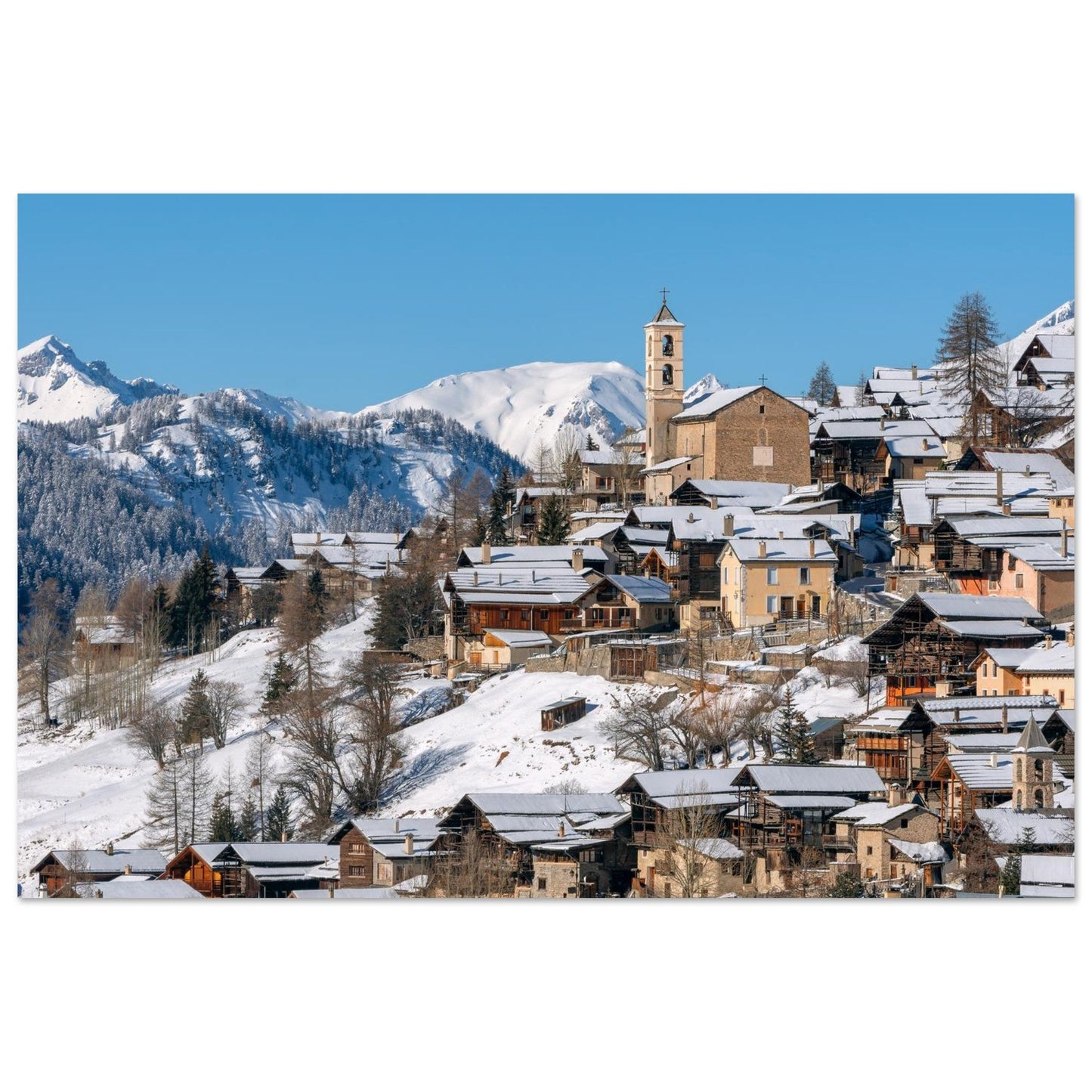 Photo de Saint-Véran sous la neige dans le Queyras — tableau photo paysage de montagne en Alu Dibond, fabrication française