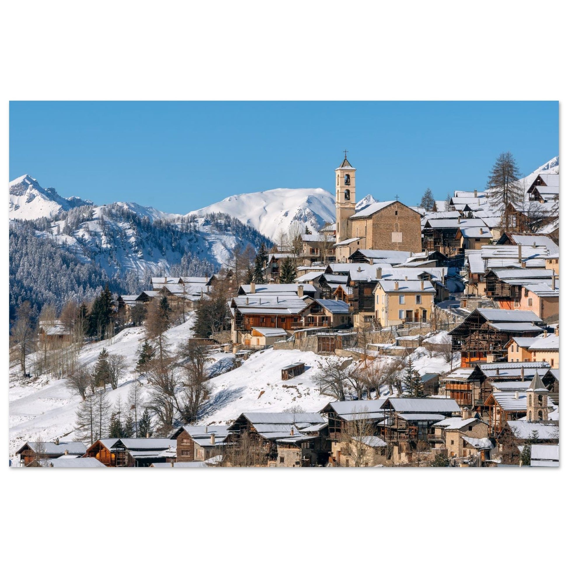 Photo de Saint-Véran sous la neige dans le Queyras — tableau photo paysage de montagne en Alu Dibond, fabrication française