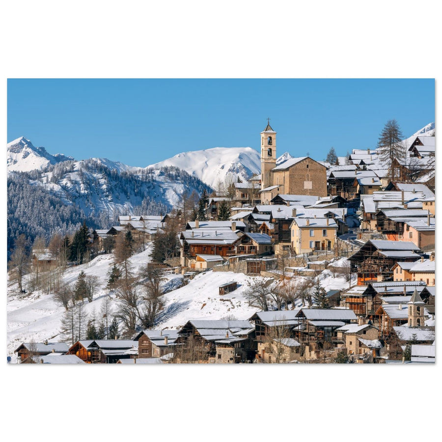 Photo de Saint-Véran sous la neige dans le Queyras — tableau photo paysage de montagne sur aluminium Dibond mat