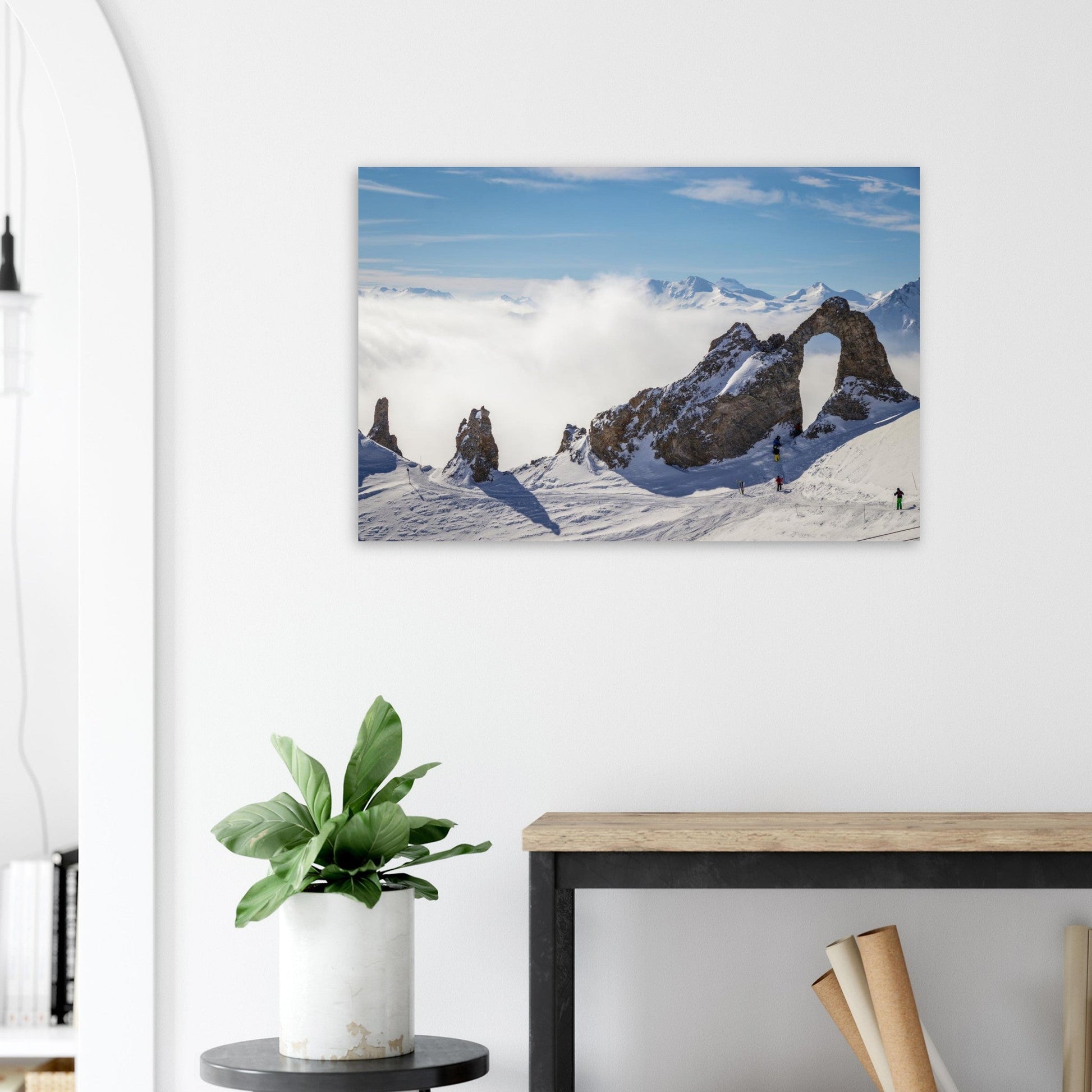 Photo de skieurs vers l’Aiguille Percée à Tignes — tableau photo paysage de montagne en Alu Dibond, fabrication française