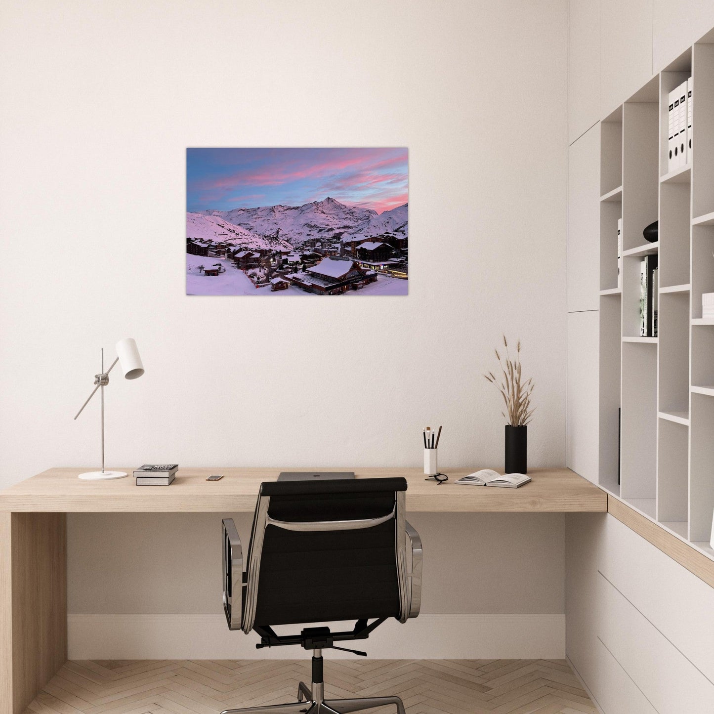 Photo de Tignes sous la neige et un ciel rose — tableau photo paysage de montagne en Alu Dibond, fabrication française