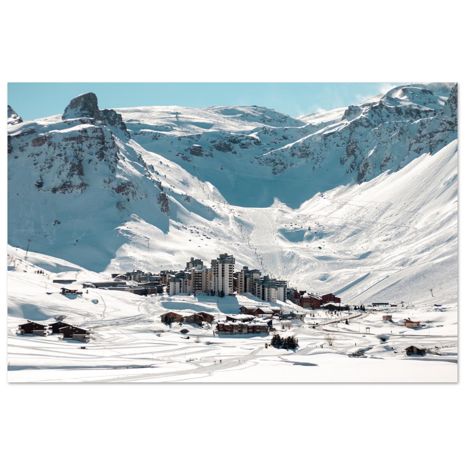 Photo de Val Claret à Tignes sous la lumière du matin — tableau photo paysage de montagne en Alu Dibond, fabrication française