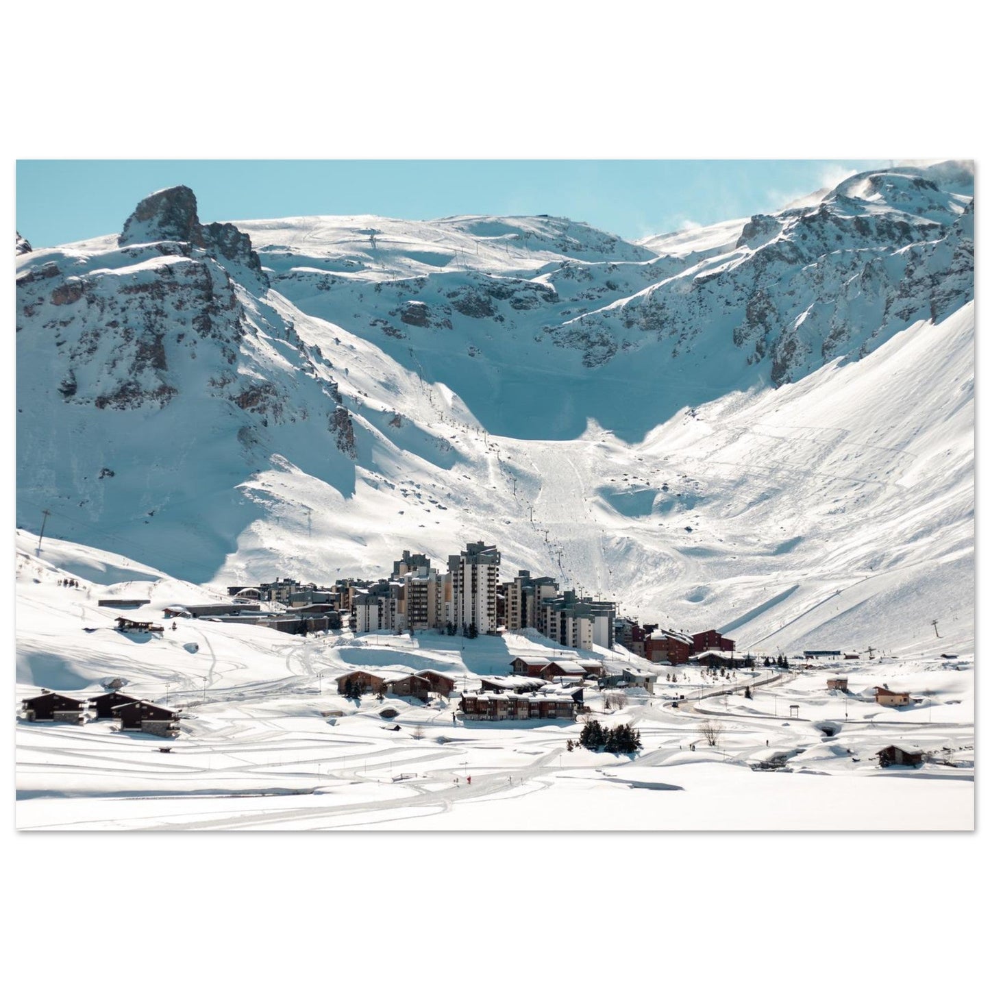 Photo de Val Claret à Tignes sous la lumière du matin — tableau photo paysage de montagne en Alu Dibond, fabrication française