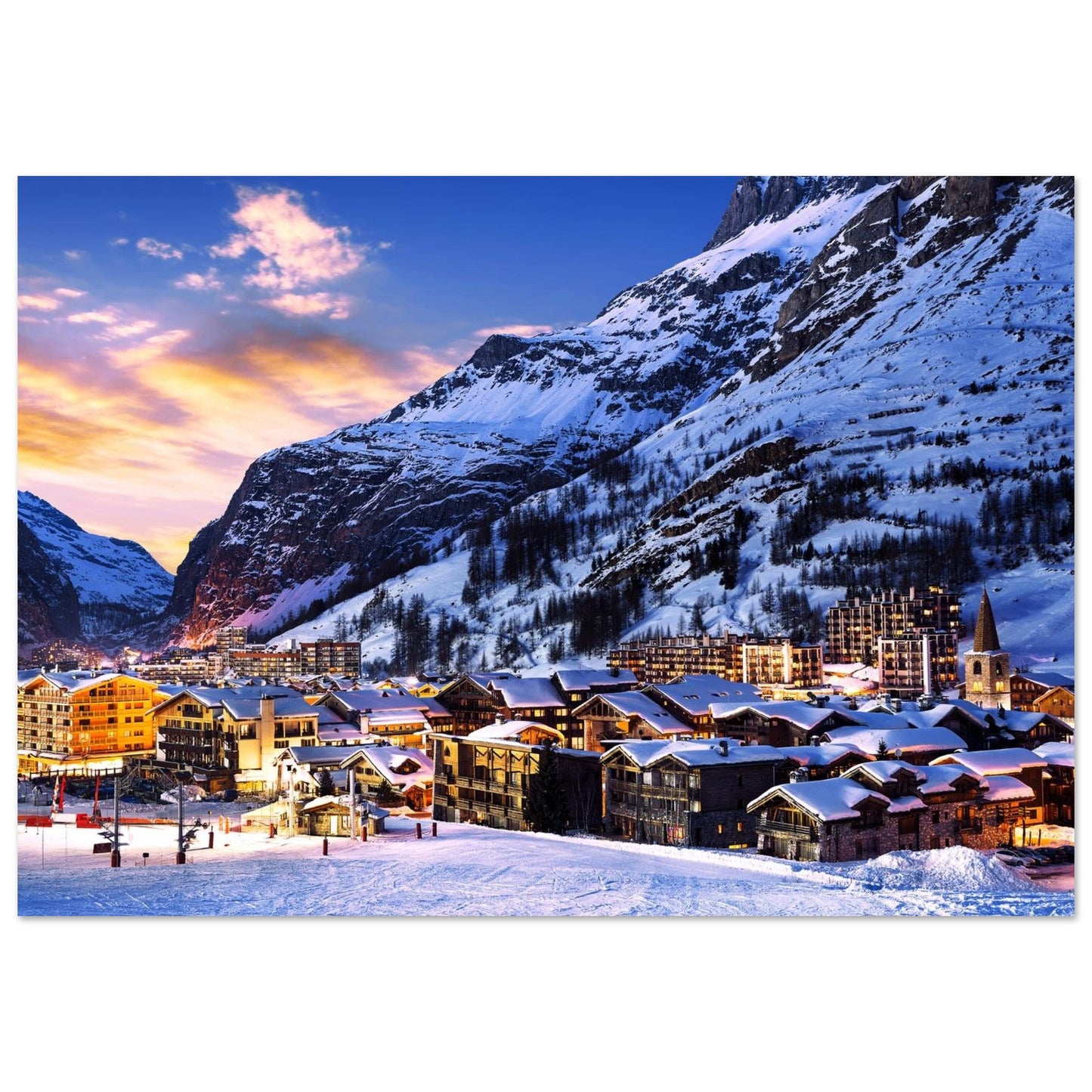 Photo de Val d’Isère au coucher du soleil — tableau photo paysage de montagne en Alu Dibond, fabrication française