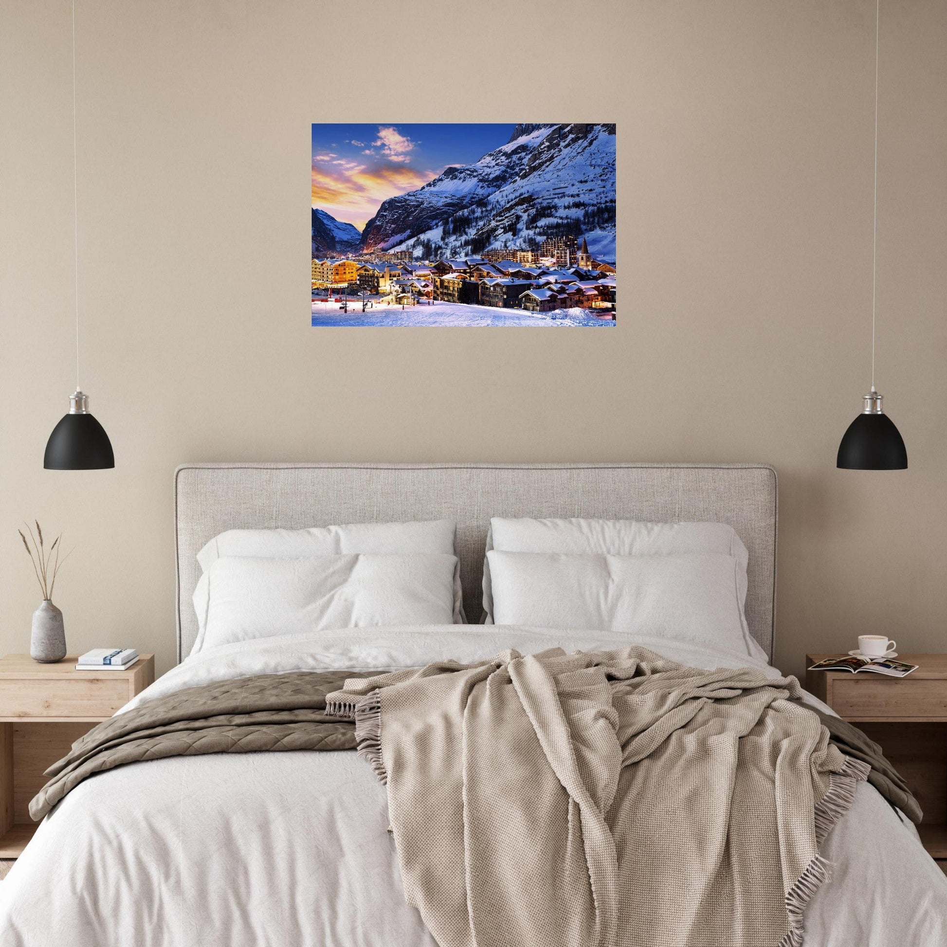 Photo de Val d’Isère au coucher du soleil — tableau photo paysage de montagne en Alu Dibond, fabrication française