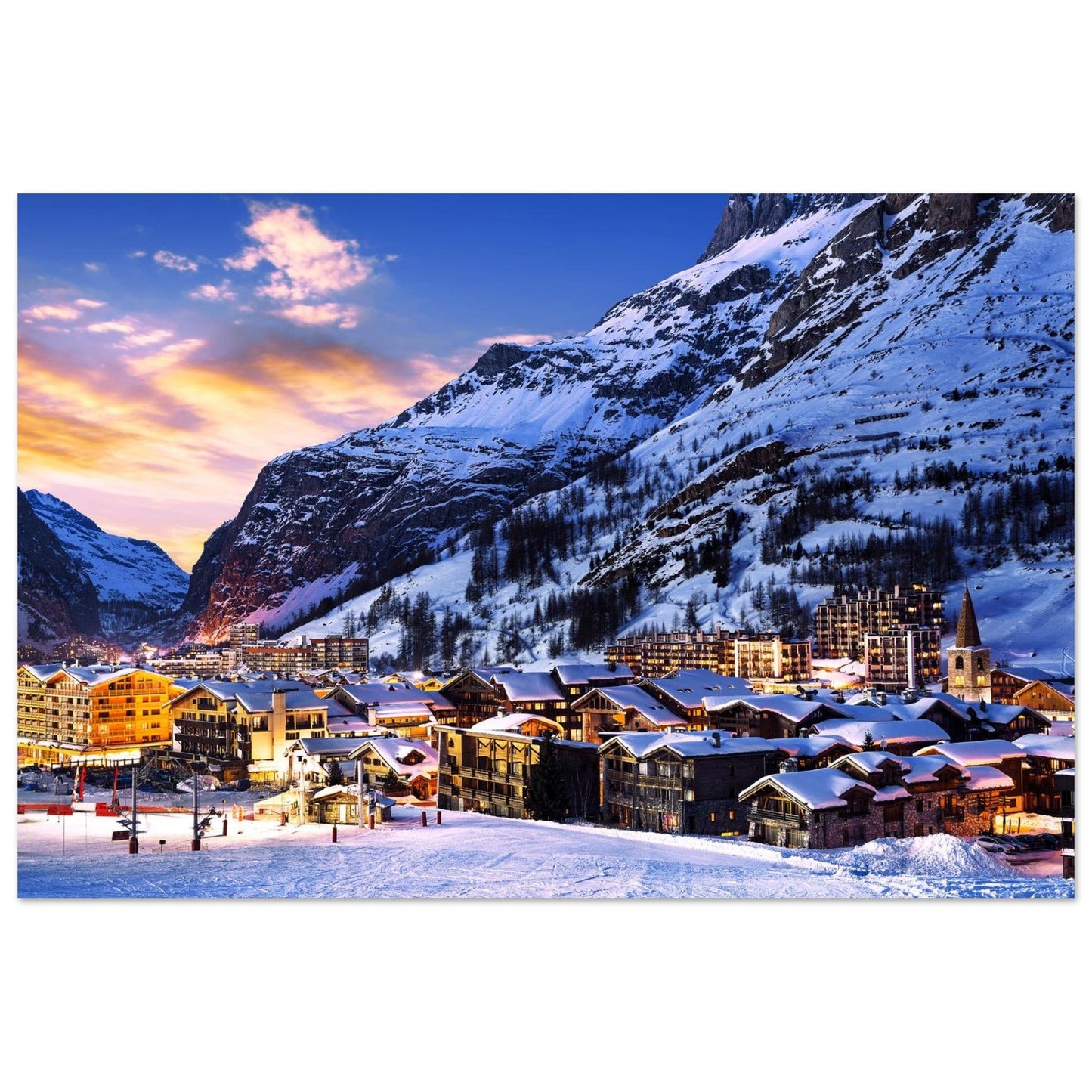 Photo de Val d’Isère au coucher du soleil — tableau photo paysage de montagne en Alu Dibond, fabrication française