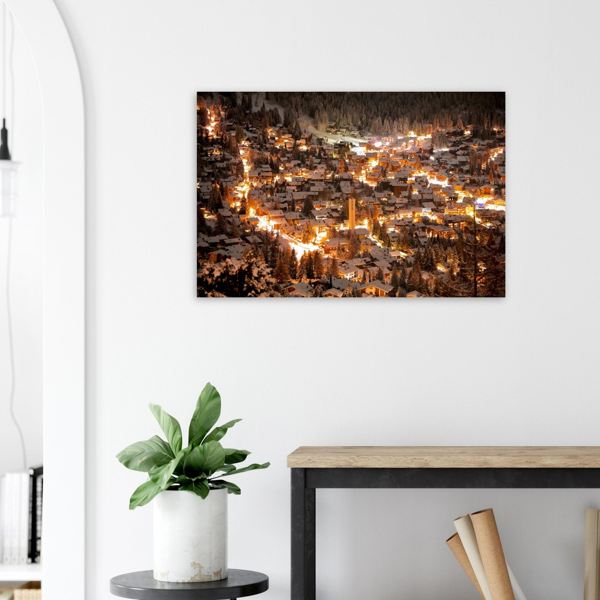 Photo de Verbier sous la neige à la tombée de la nuit — tableau photo paysage de montagne en Alu Dibond, imprimé à la commande en France