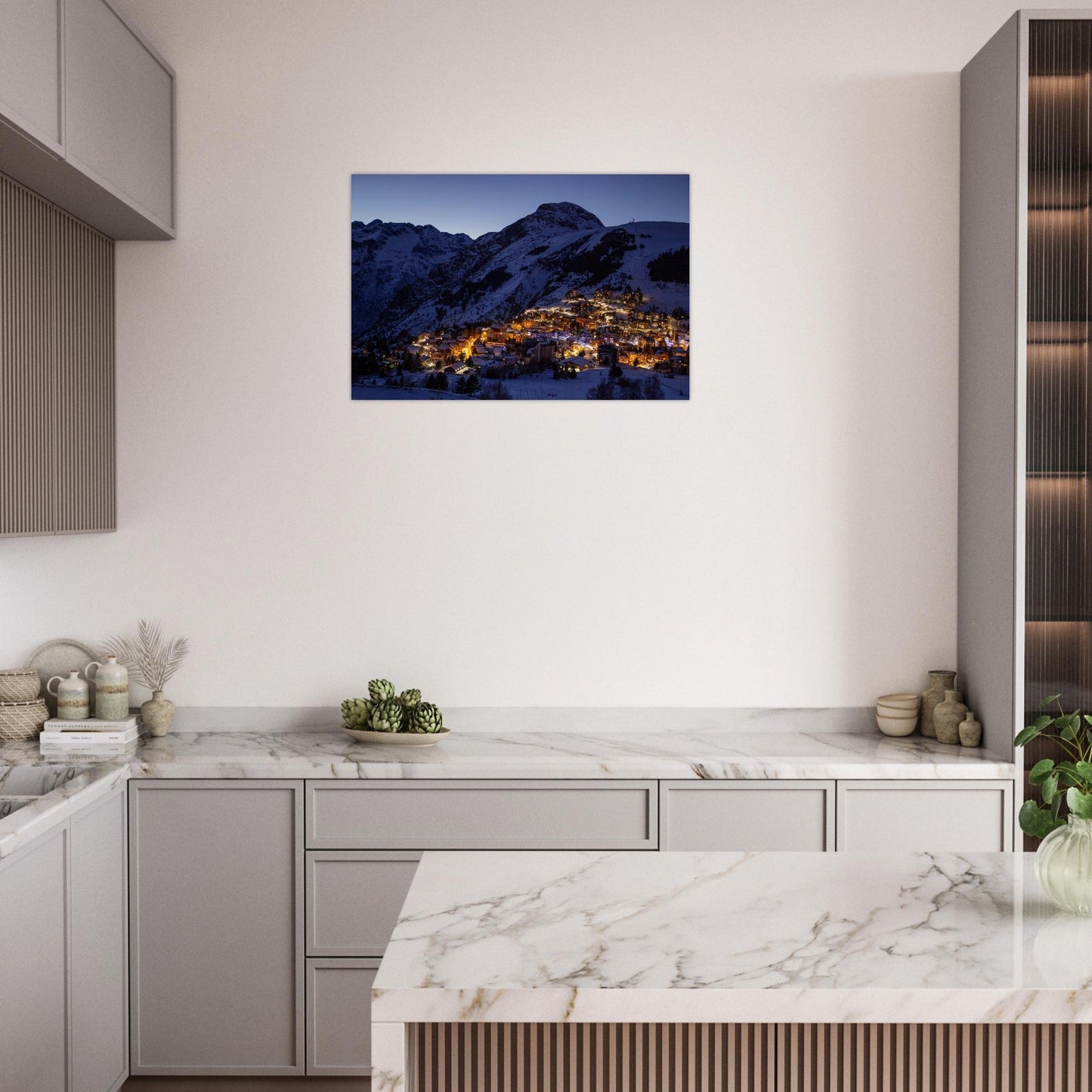 Photo des Deux Alpes illuminées à la tombée de la nuit — tableau photo paysage de montagne en Alu Dibond, imprimé à la commande en France