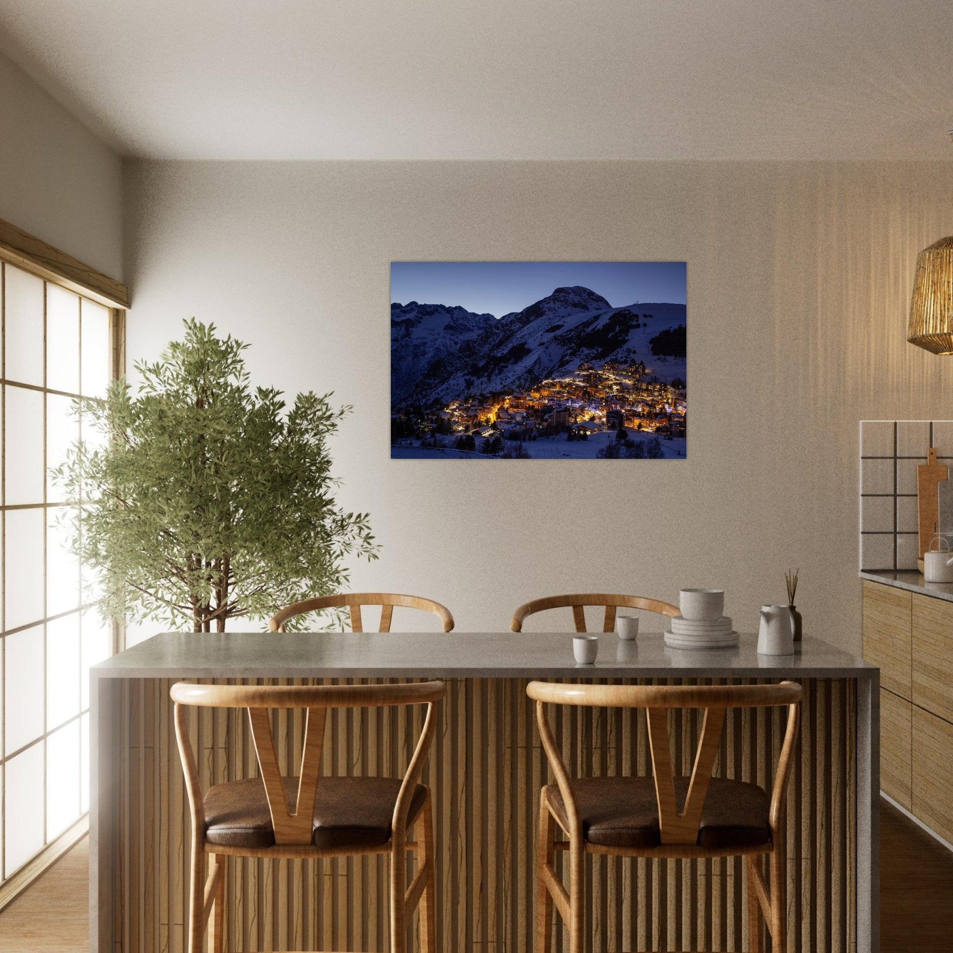 Photo des Deux Alpes illuminées à la tombée de la nuit — tableau photo paysage de montagne en Alu Dibond, imprimé à la commande en France