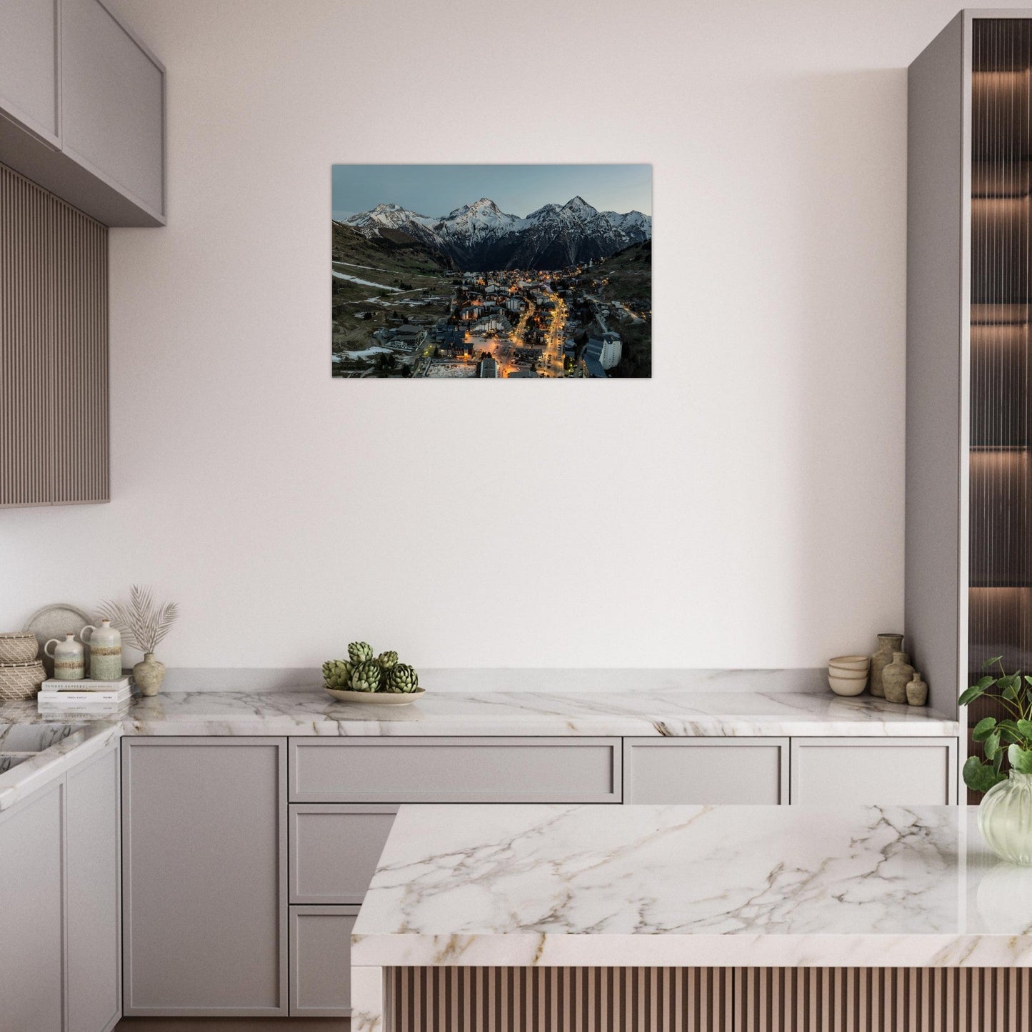 Foto von Les Deux Alpes vom Himmel bei Sonnenuntergang — Fotodruck auf mattem Alu-Dibond