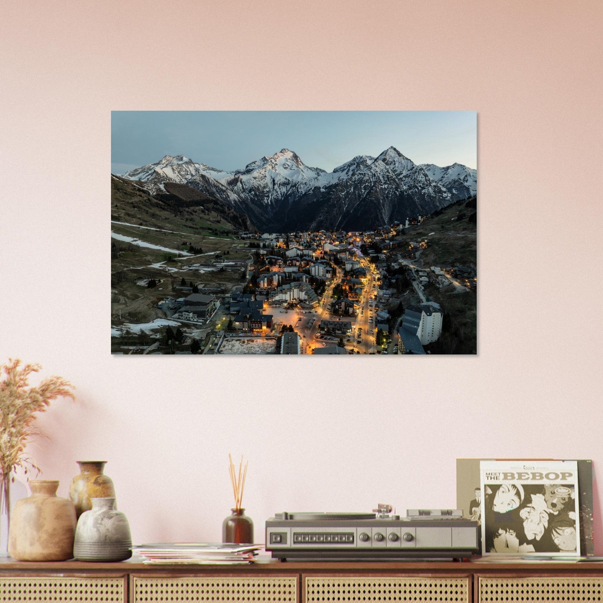 Photo des Deux Alpes vues du ciel au coucher du soleil — tableau photo paysage de montagne en Alu Dibond