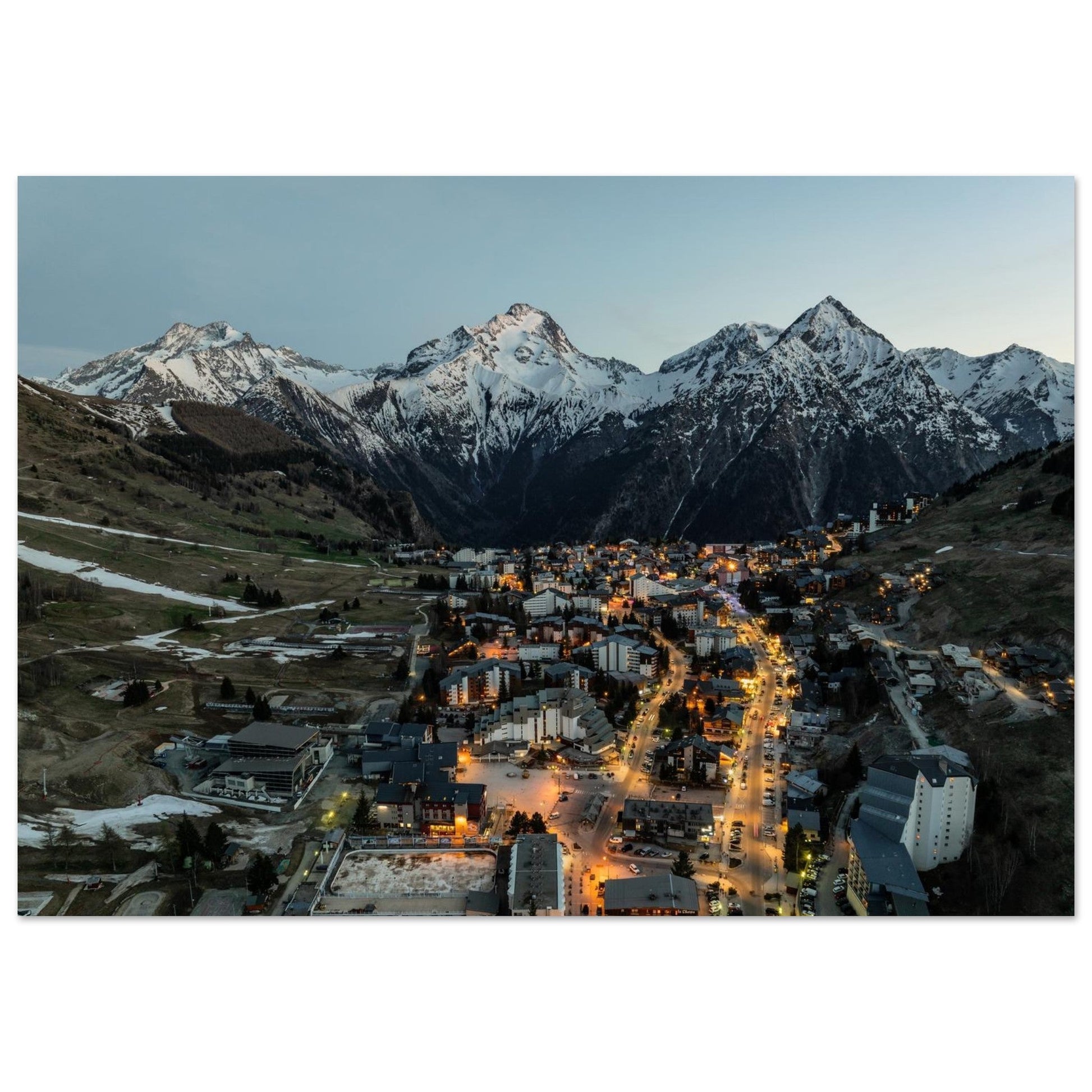 Photo des Deux Alpes vues du ciel au coucher du soleil — tableau photo paysage de montagne en Alu Dibond