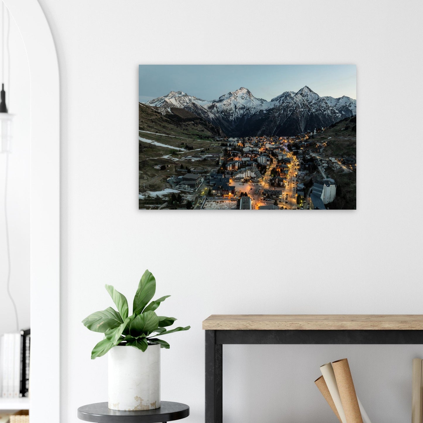 Foto von Les Deux Alpes vom Himmel bei Sonnenuntergang — Fotodruck auf mattem Alu-Dibond