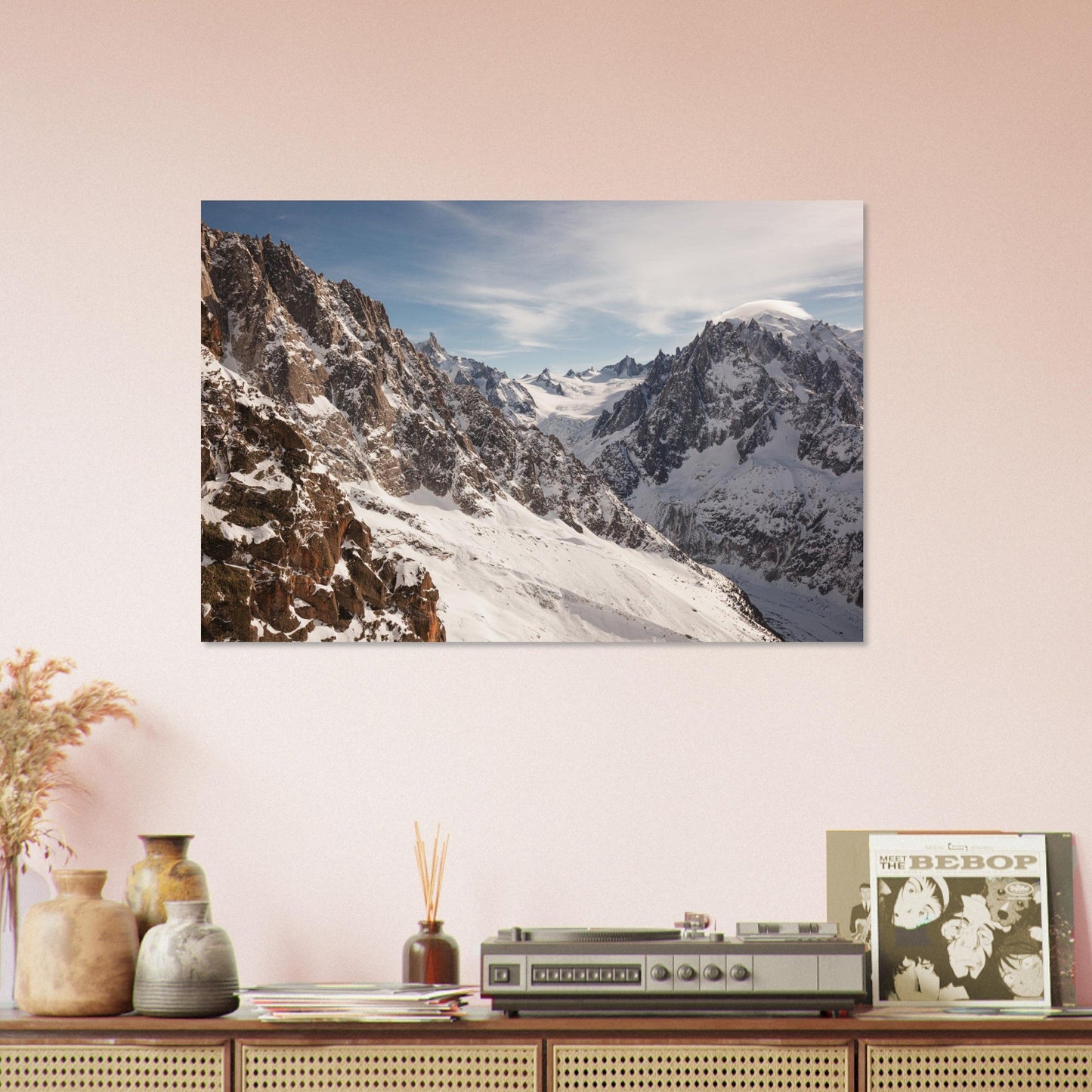 Photo des Drus devant le Mont-Blanc depuis les Grands Montets — tableau photo paysage de montagne en Alu Dibond