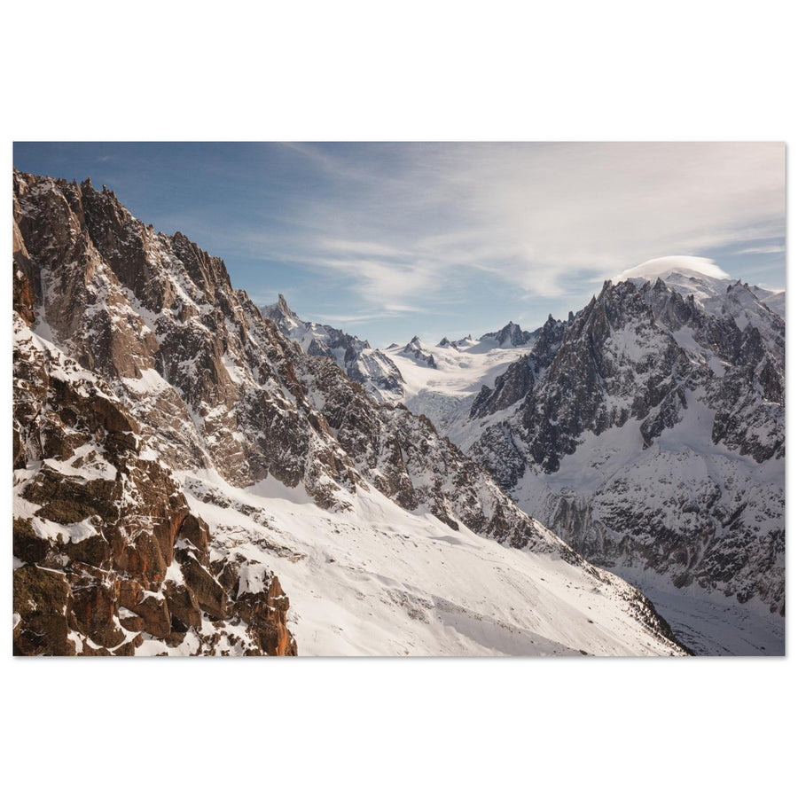 Photo des Drus devant le Mont-Blanc depuis les Grands Montets — tableau photo paysage de montagne en Alu Dibond, fabrication française