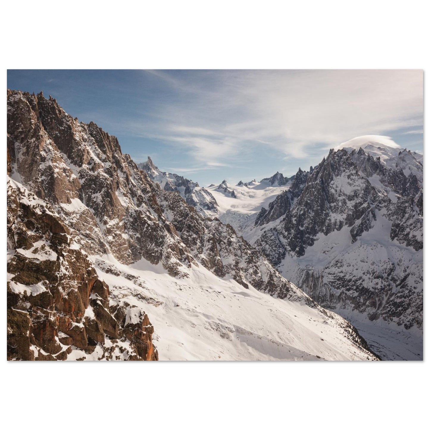 Photo des Drus devant le Mont-Blanc depuis les Grands Montets — tableau photo paysage de montagne en Alu Dibond